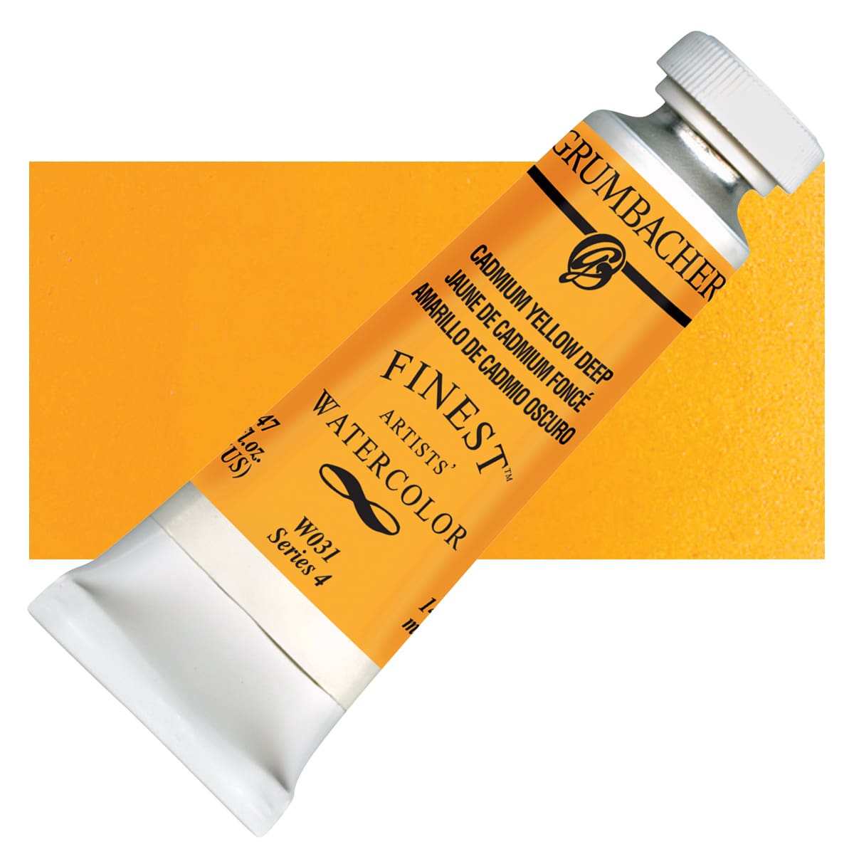 Grumbacher Finest Artists' Watercolor - Cadmium Yellow Deep, 14 ml tube and swatch