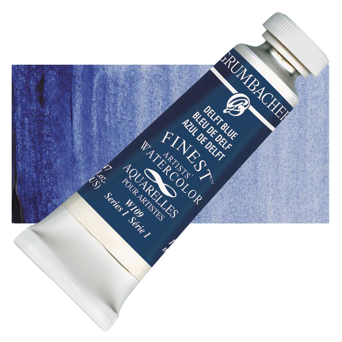 Grumbacher Finest Artists' Watercolor - Delft Blue, 14 ml tube and swatch
