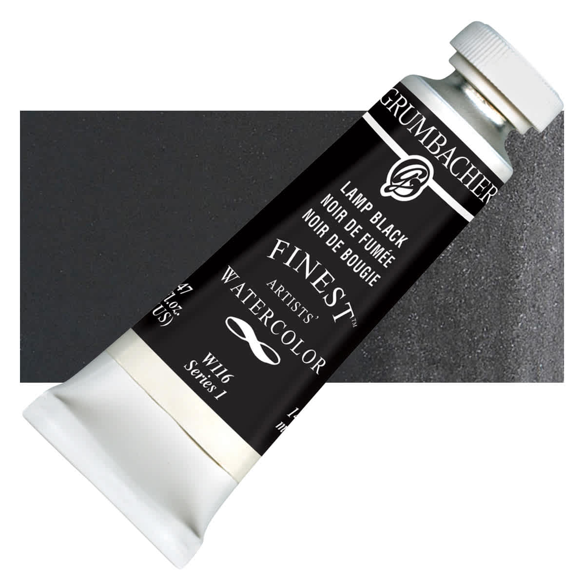 Grumbacher Finest Artists' Watercolor - Lamp Black, 14 ml tube and swatch