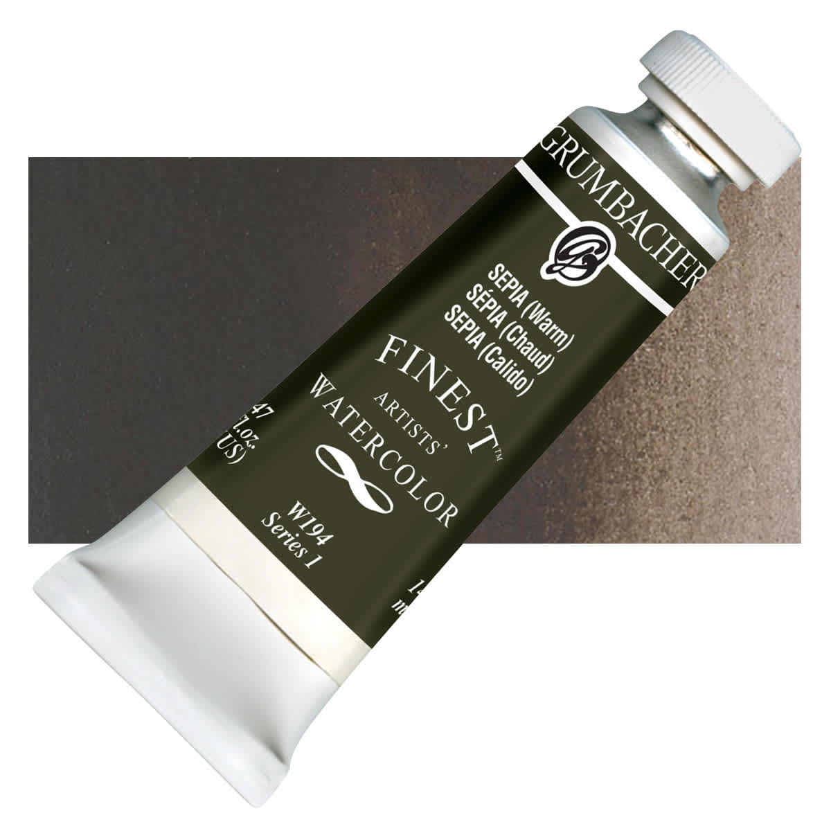 Grumbacher Finest Artists' Watercolor - Sepia, 14 ml tube and swatch
