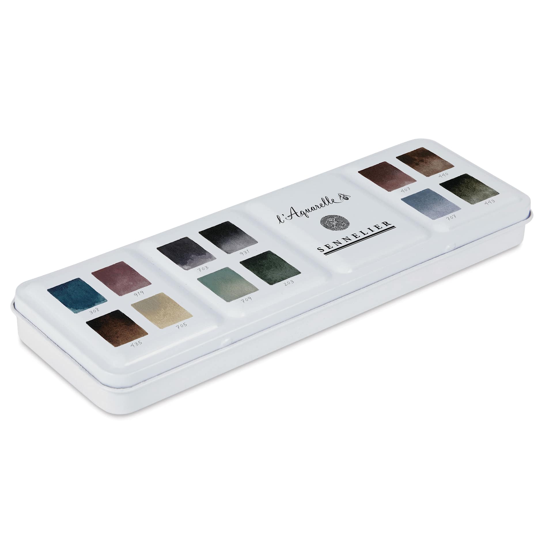 Sennelier French Artists' Watercolors - Set of 12, Neutral, Half Pans side view of case
