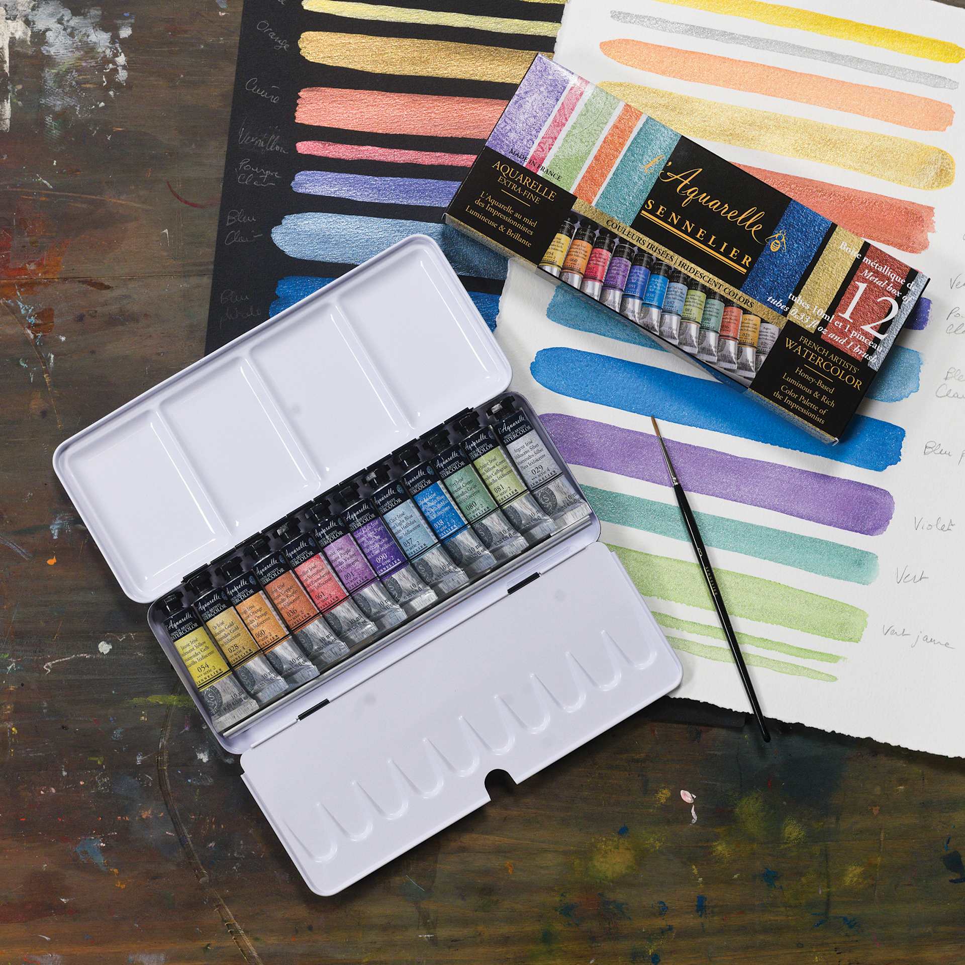 Sennelier French Artists' Watercolor Set - Iridescent, Metal Case, Set of 12 colors (set with color swatches) Sennelier French Artists' Watercolor Set - Iridescent, Metal Case, Set of 12 colors (set with color swatches)