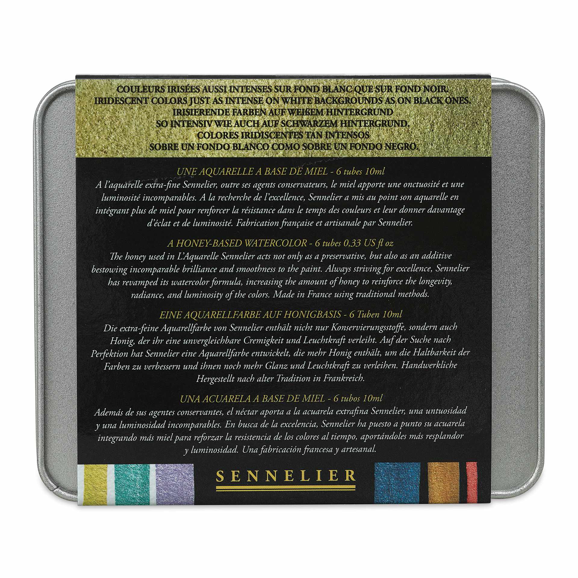 Sennelier French Artists' Watercolor Set - Iridescent, Metal Case, Set of 6 colors, 10 ml tubes (back of package)