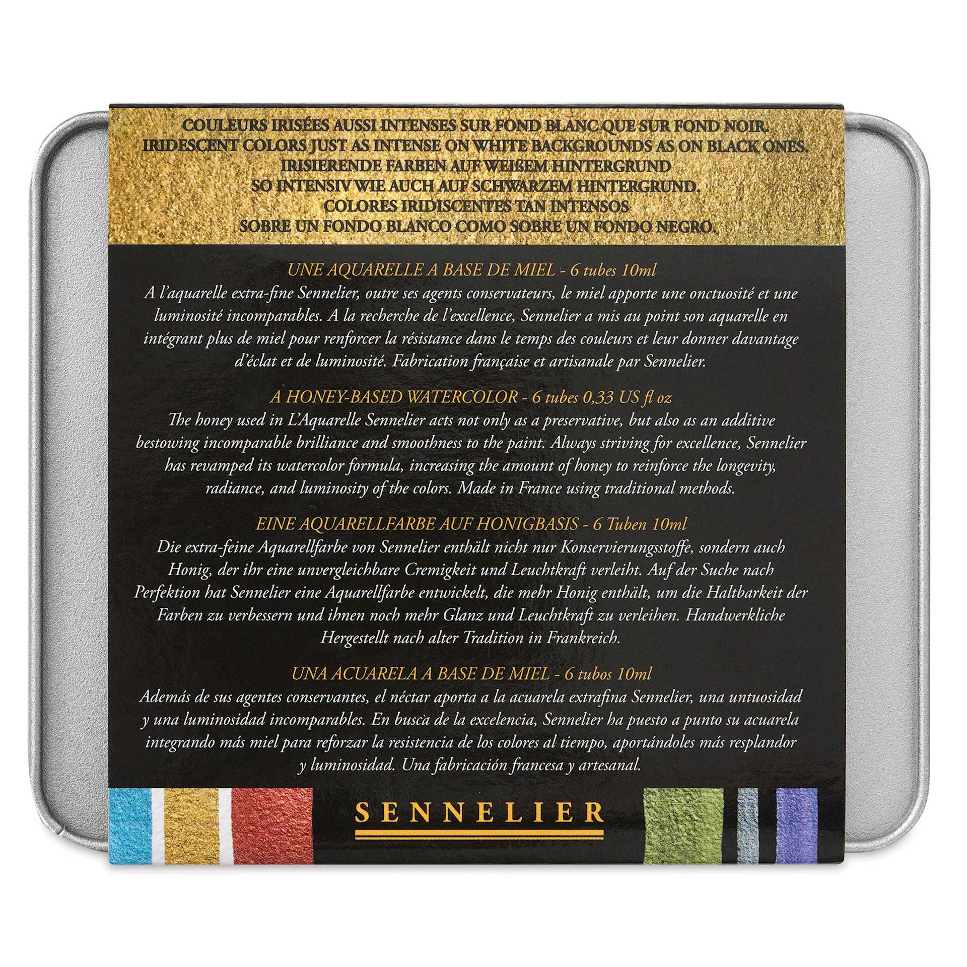 Sennelier French Artists' Watercolor Set - Iridescent Pastel, Metal Case, Set of 6 colors, 10 ml tubes (back of package)
