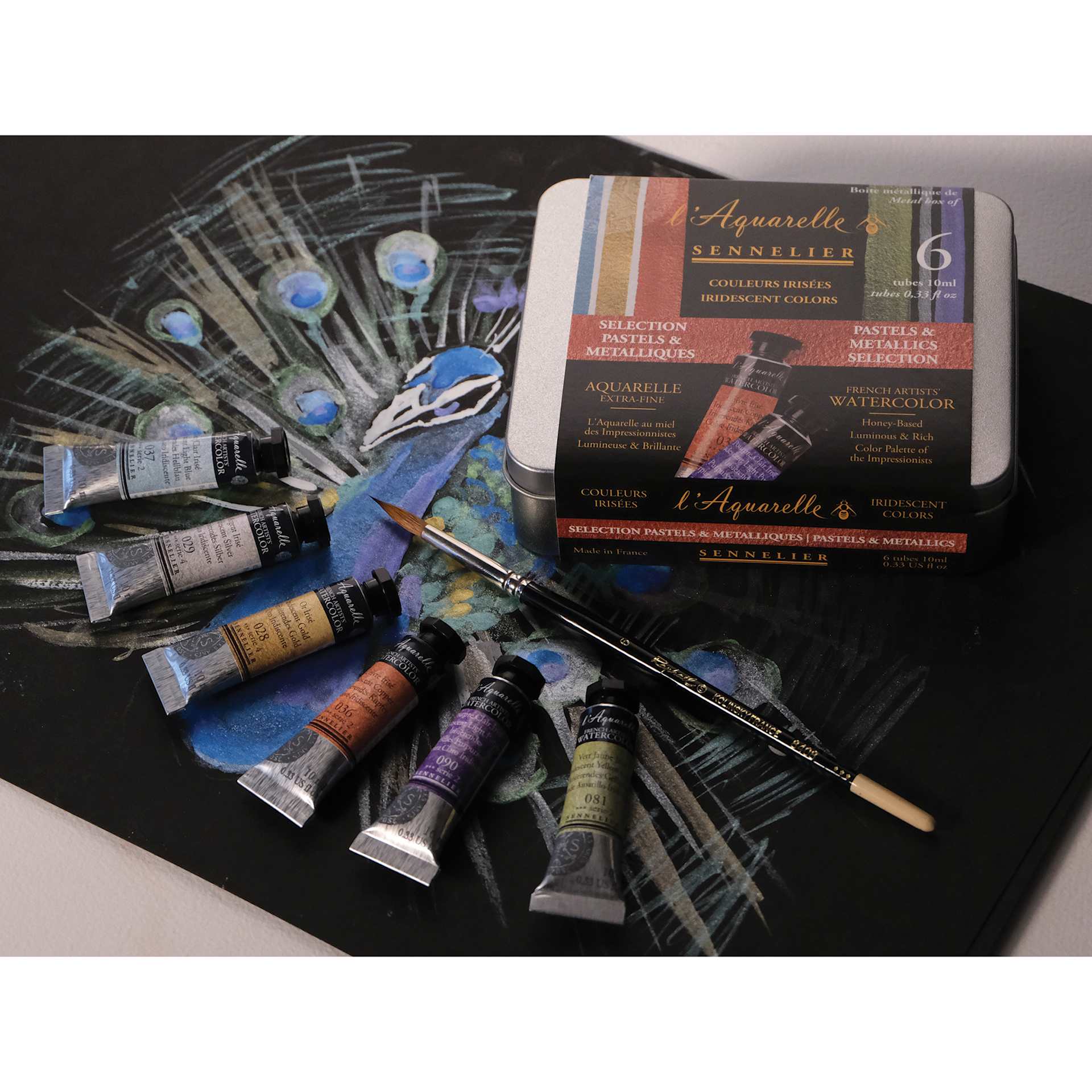 Sennelier French Artists' Watercolor Set - Iridescent Pastel, Metal Case, Set of 6 colors (painting of peacock on black paper, brush not included)
