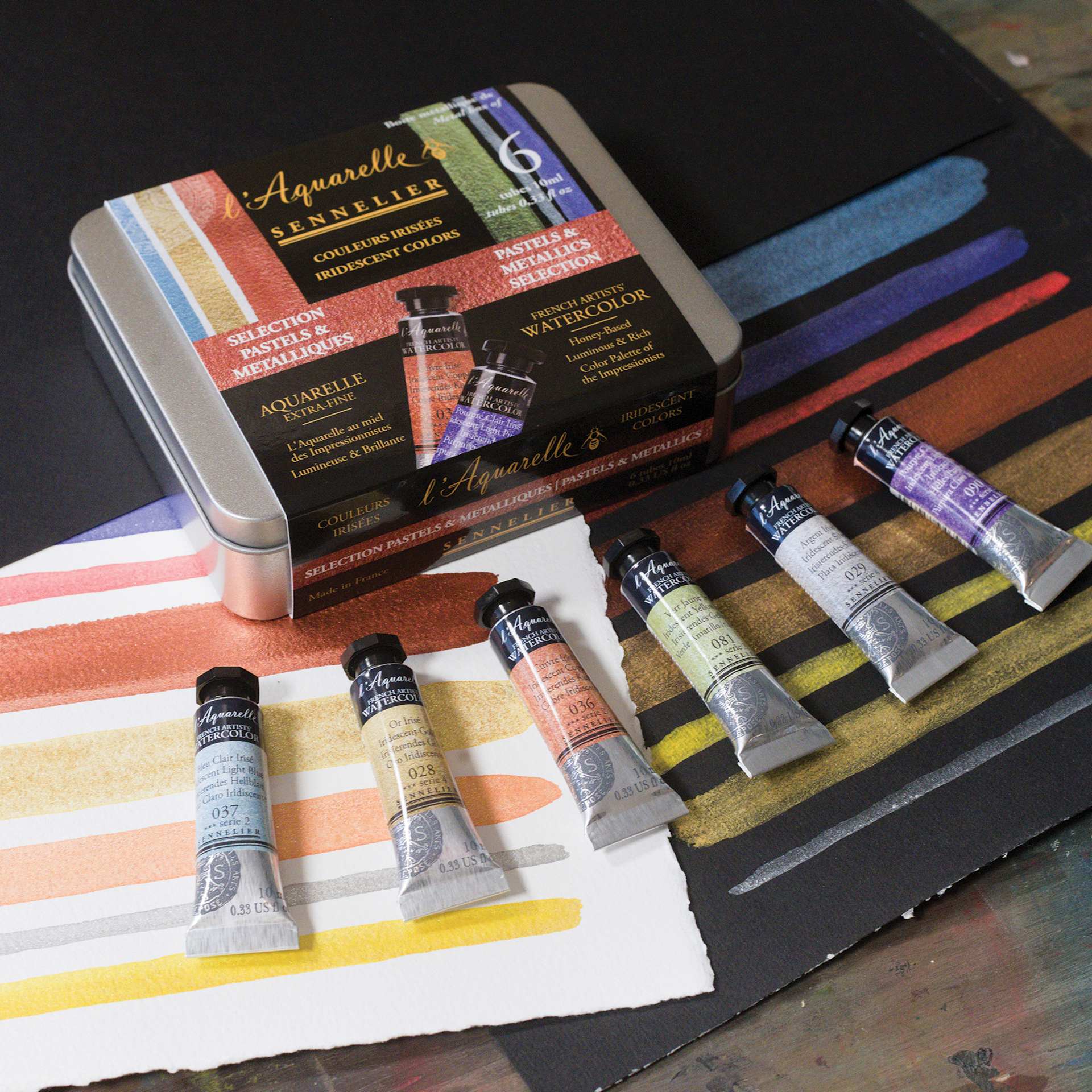Sennelier French Artists' Watercolor Set - Iridescent Pastel, Metal Case, Set of 6 colors (tubes and case with color swatches) Sennelier French Artists' Watercolor Set - Iridescent Pastel, Metal Case, Set of 6 colors (tubes and case with color swatches)