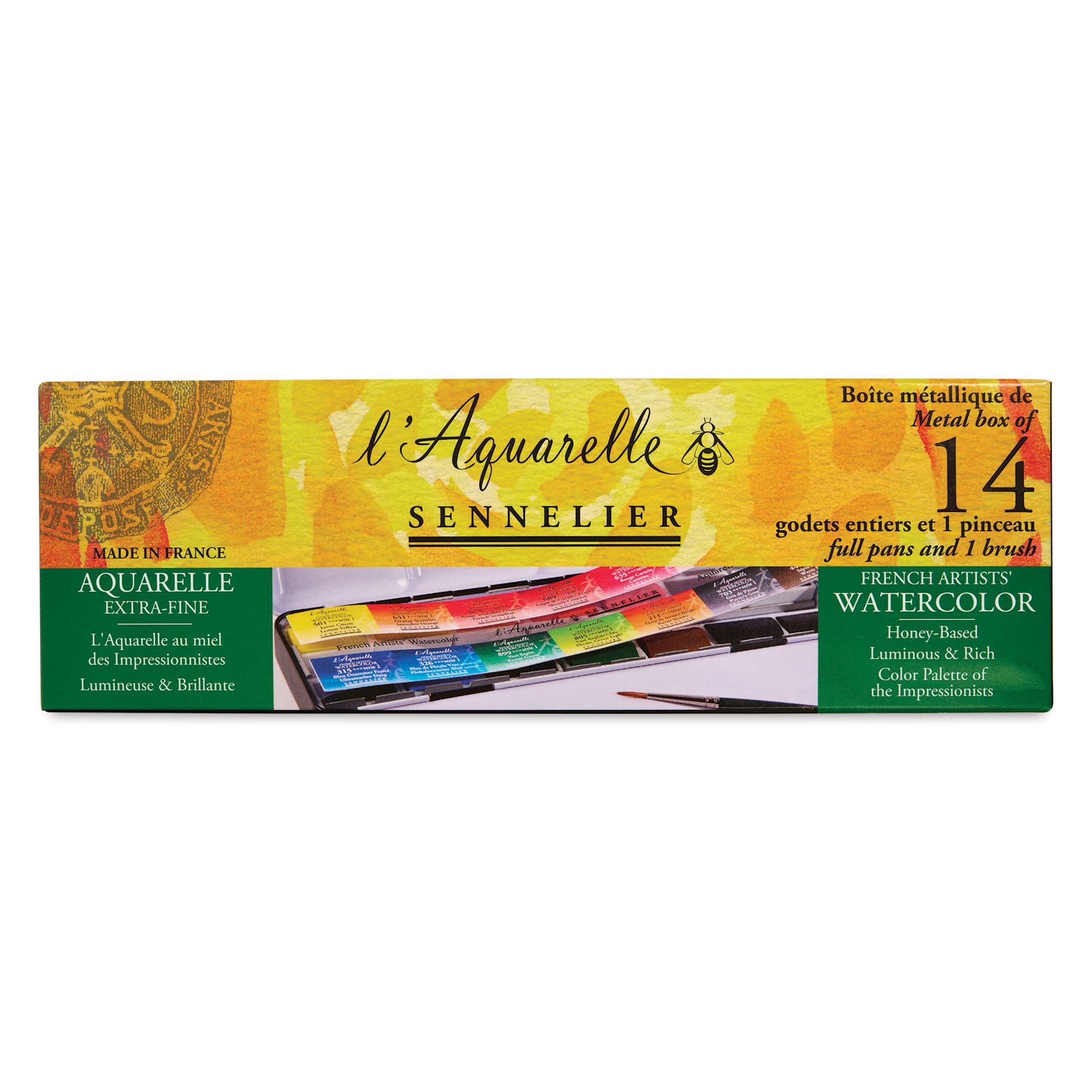 Sennelier French Artists' Watercolors - Set of 14, Metal Case, Full Pans with Precision Brush front of package