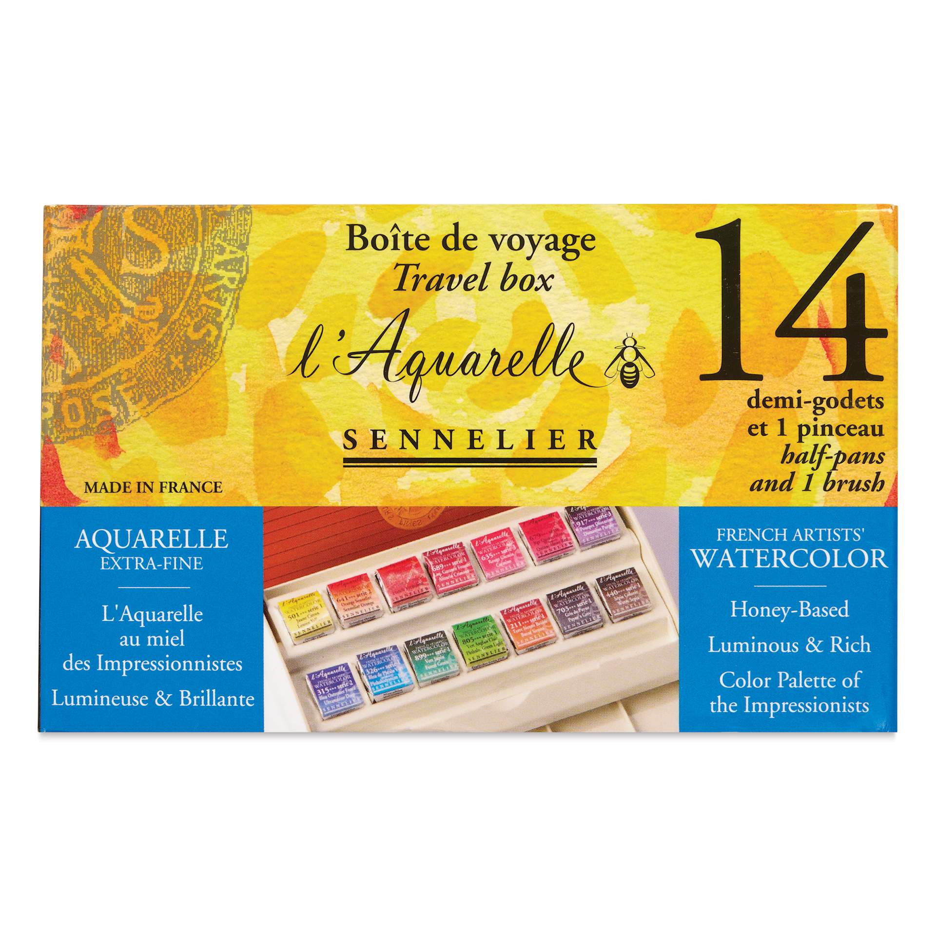 Sennelier French Artists' Watercolor Set - Travel, Set of 14 with Precision Brush, half pans front of package