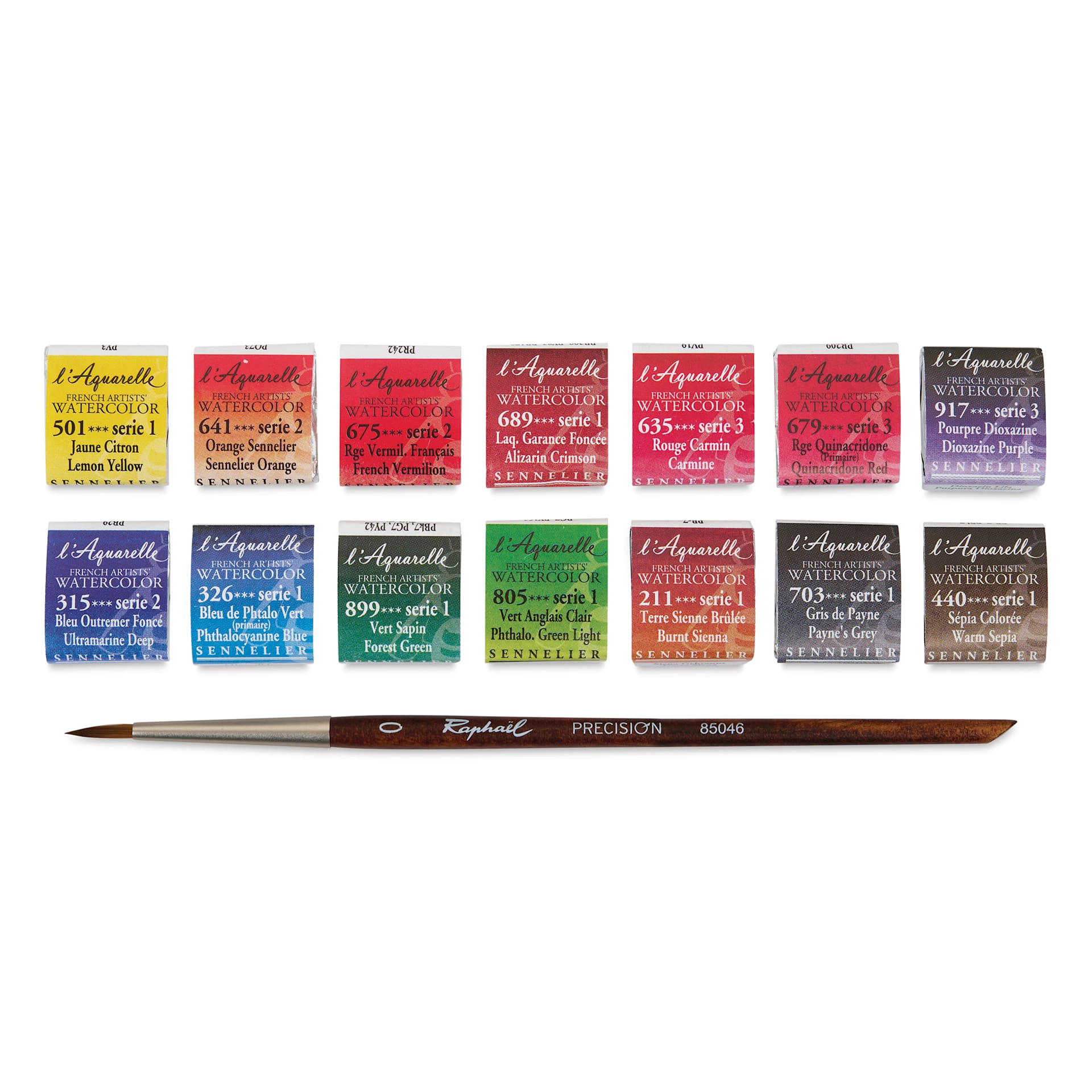 Sennelier French Artists' Watercolor Set - Travel, Set of 14 with Precision Brush, half pans close up of contents