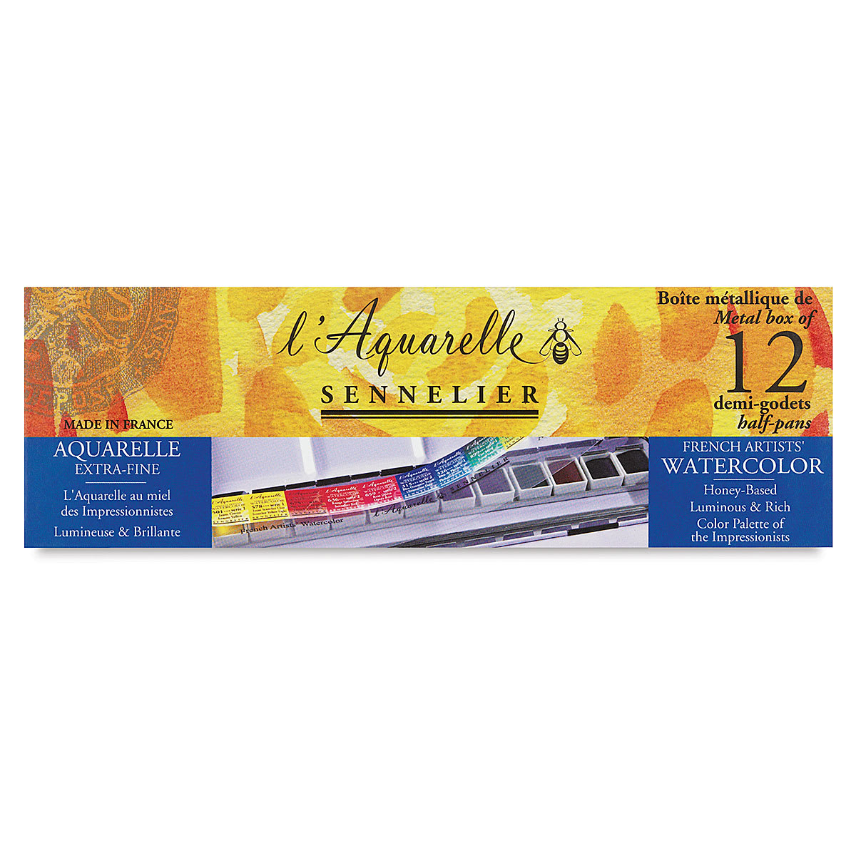 Sennelier French Artists' Watercolor Set - Metal Case, Set of 12 colors, half pans front of package