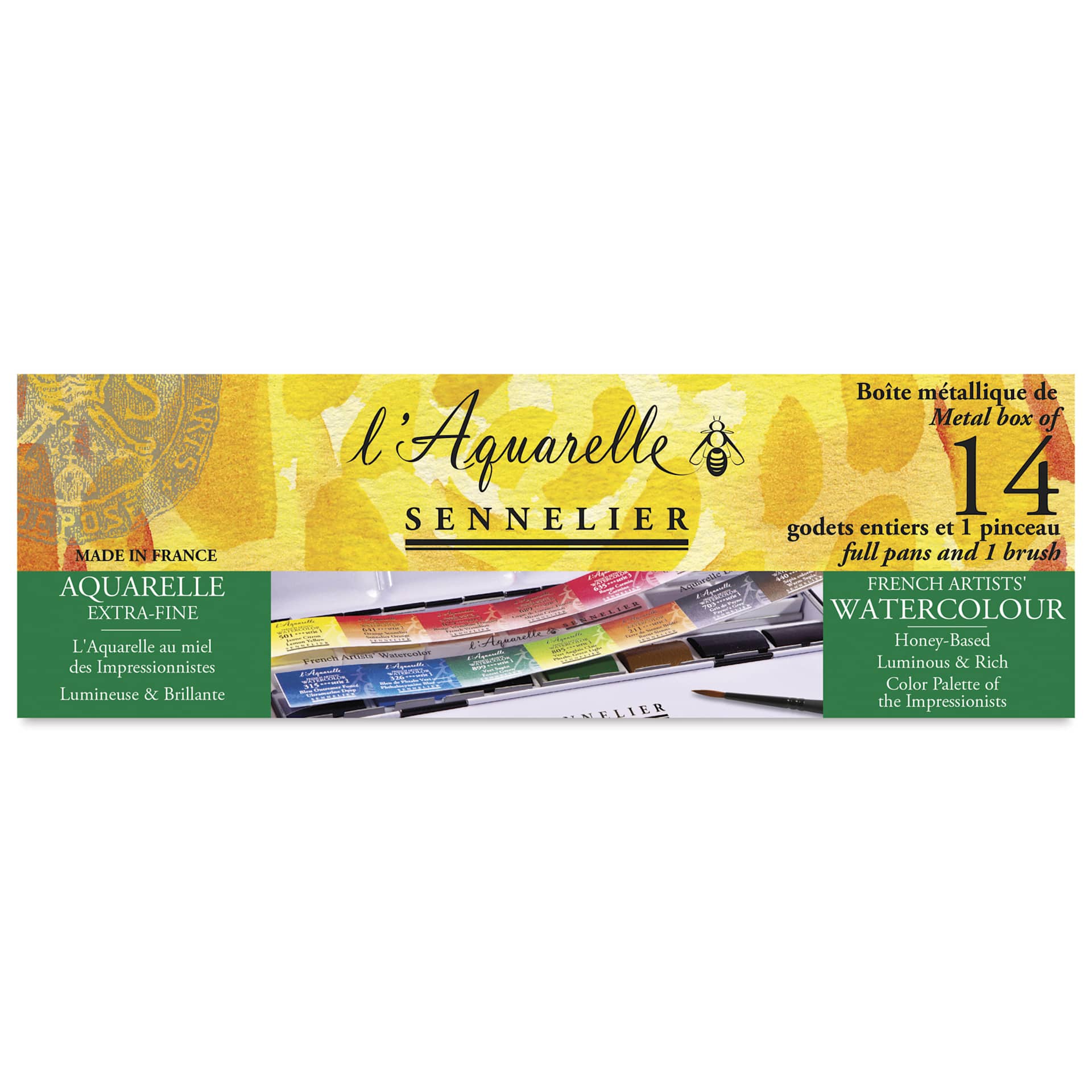 Sennelier French Artists' Watercolors - Set of 14, Metal Case, Half Pans, front of packaging