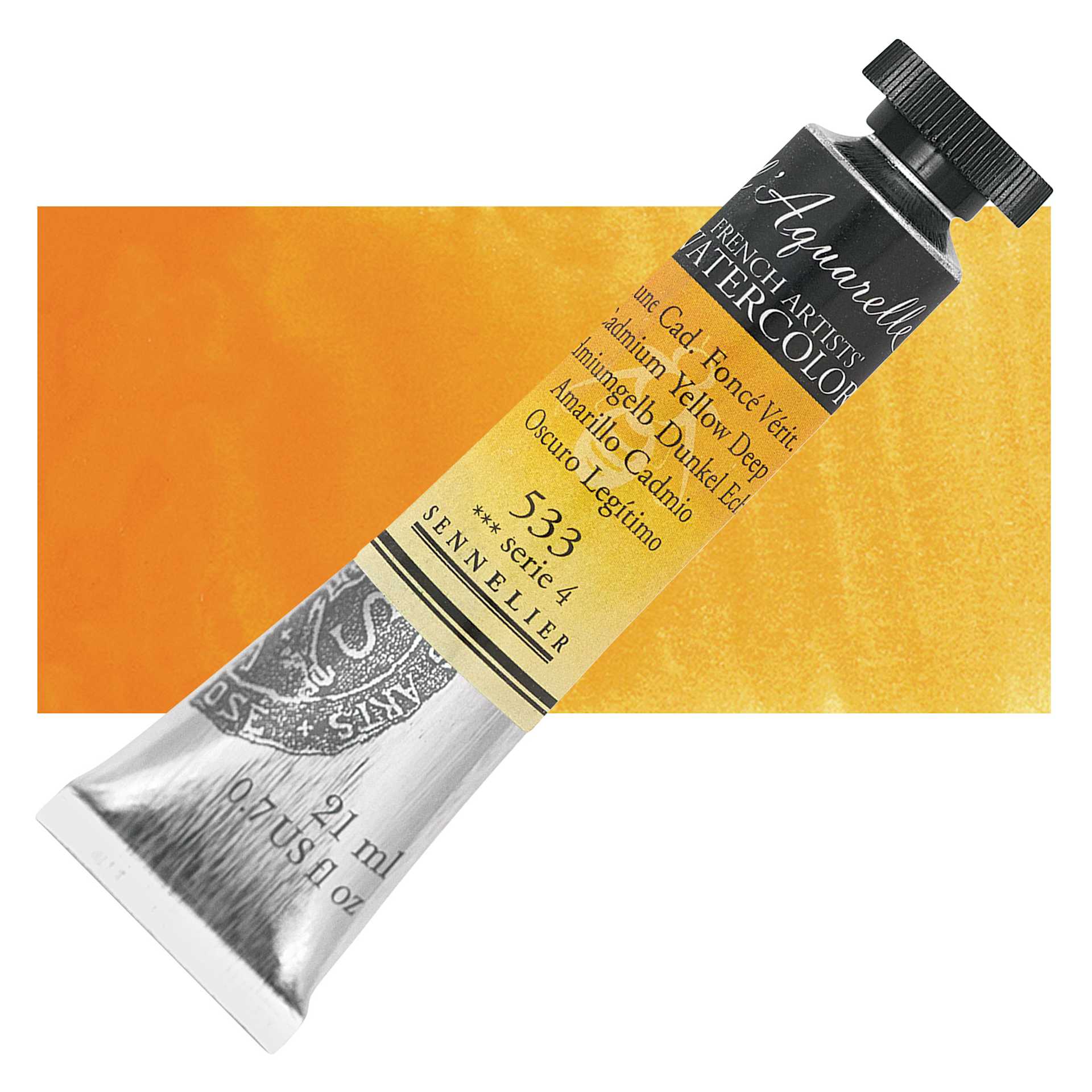 Sennelier French Artists' Watercolor - Cadmium Yellow Deep, 21 ml, Tube and swatch