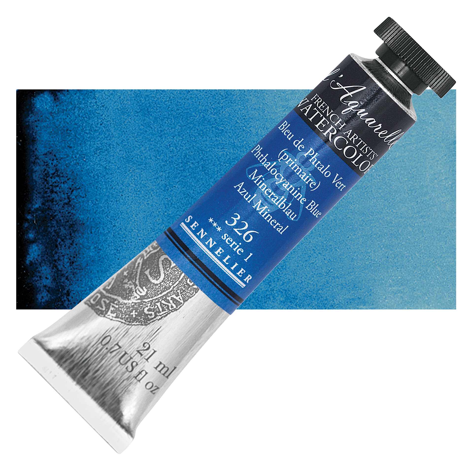 Sennelier French Artists' Watercolor - Phthalo Blue, 10 ml, Tube and swatch