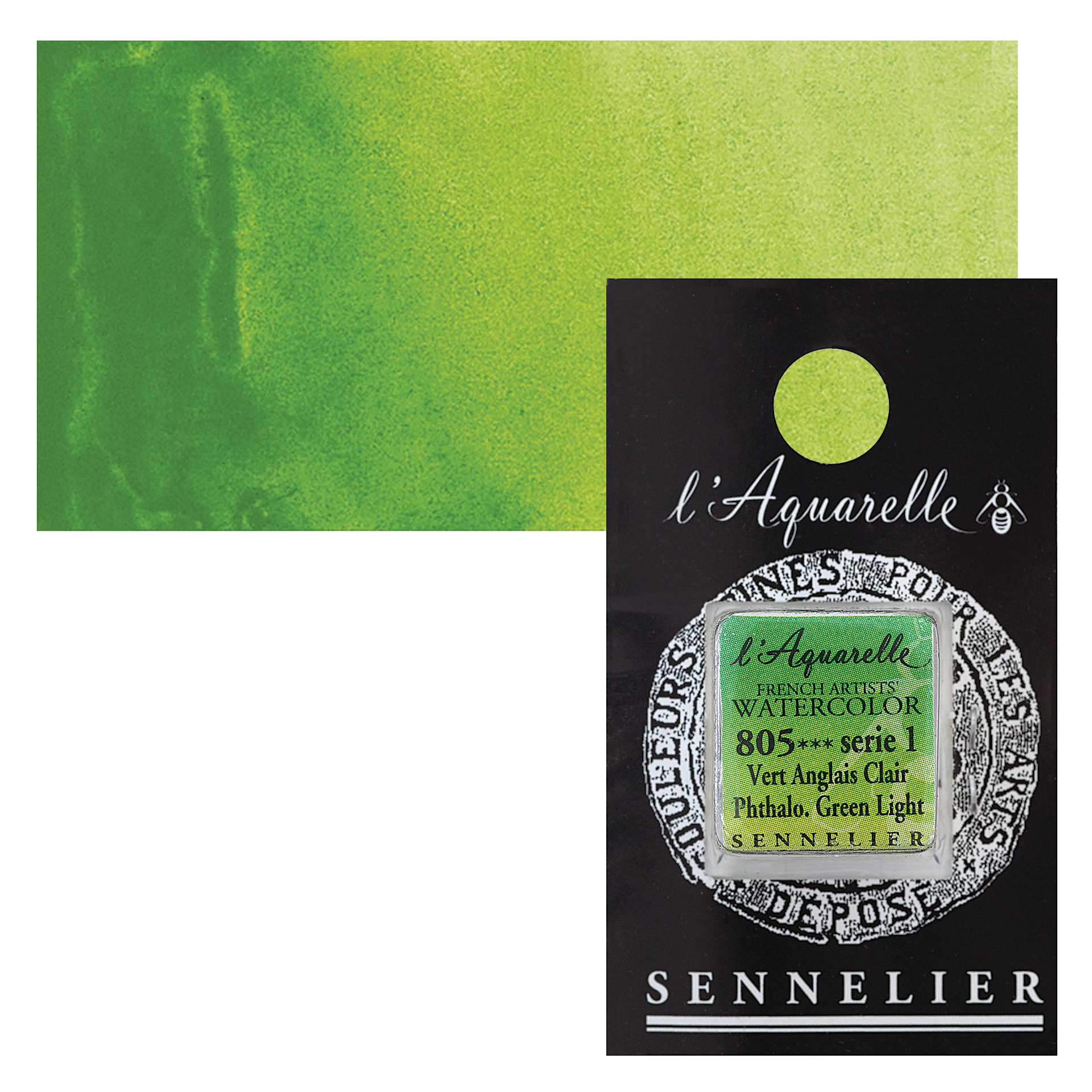 Sennelier French Artists' Watercolor - Phthalo Green Light, Half Pan and swatch