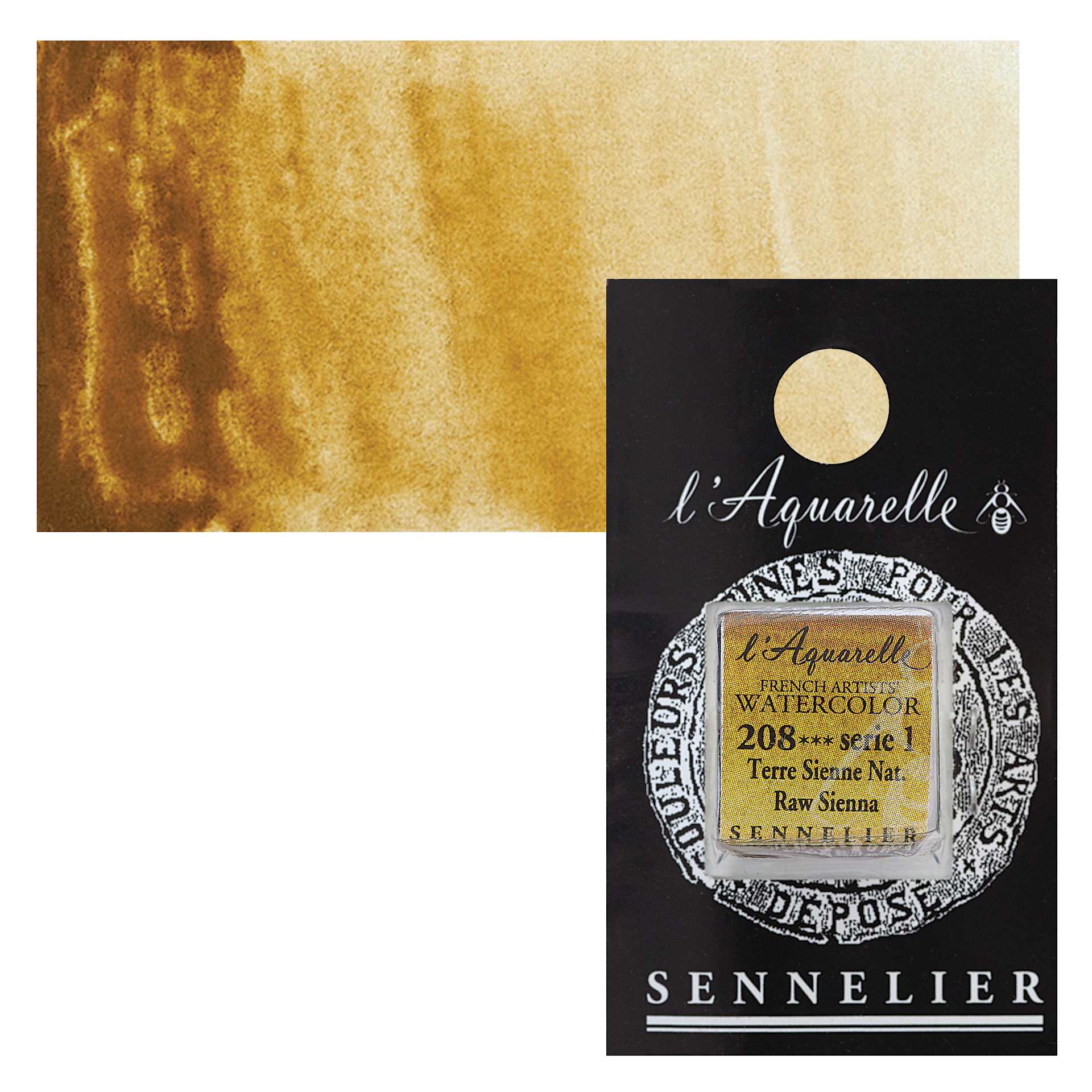 Sennelier French Artists' Watercolor - Raw Sienna, Half Pan and swatch