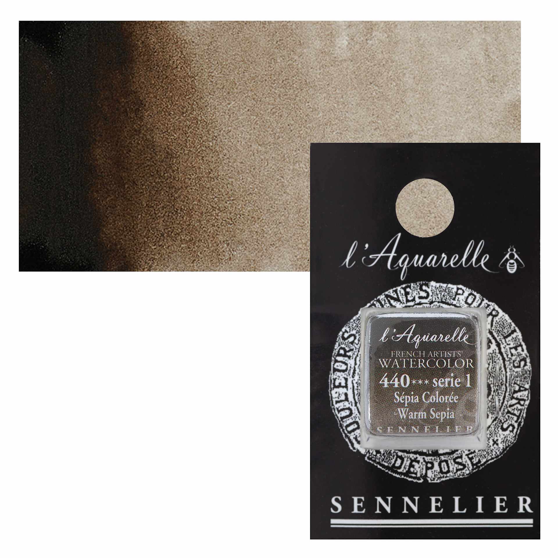 Sennelier French Artists' Watercolor - Warm Sepia, half pan and swatch