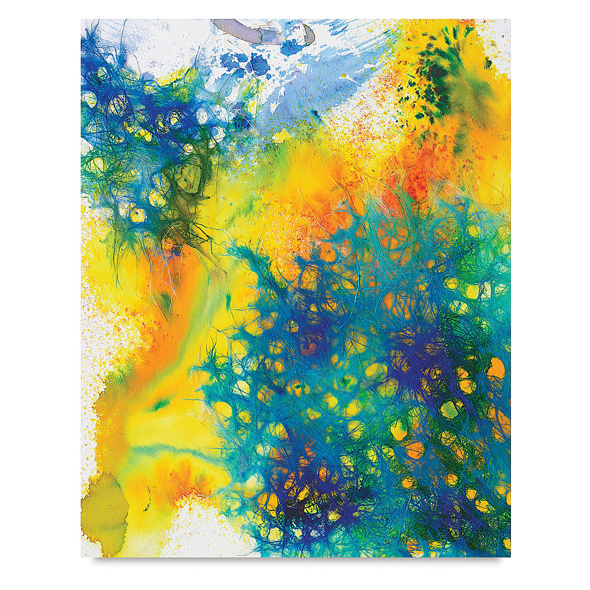 Brusho Crystal Colours Artwork using crystals in blues, yellows, and teals.
