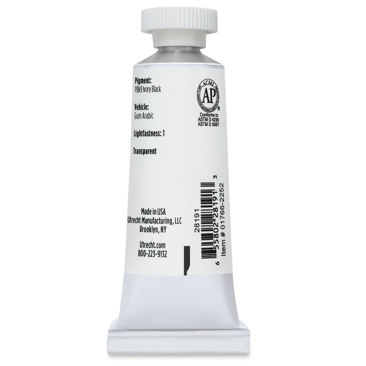 Utrecht Artists' Watercolor Paint - Ivory Black, 14 ml, Tube (Back)