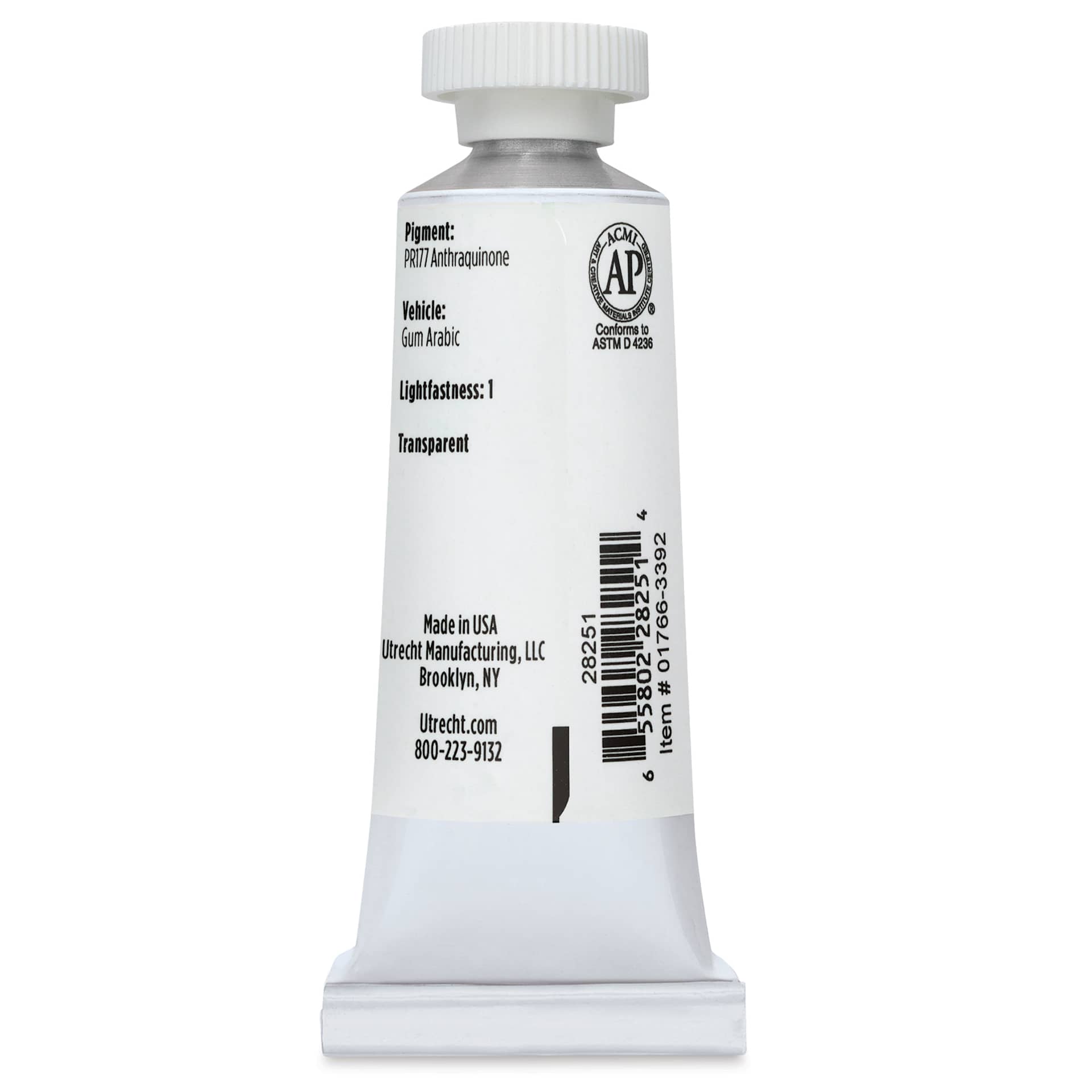 Utrecht Artists' Watercolor Paint - Permanent Alizarin Crimson, 14 ml, Tube (Back)