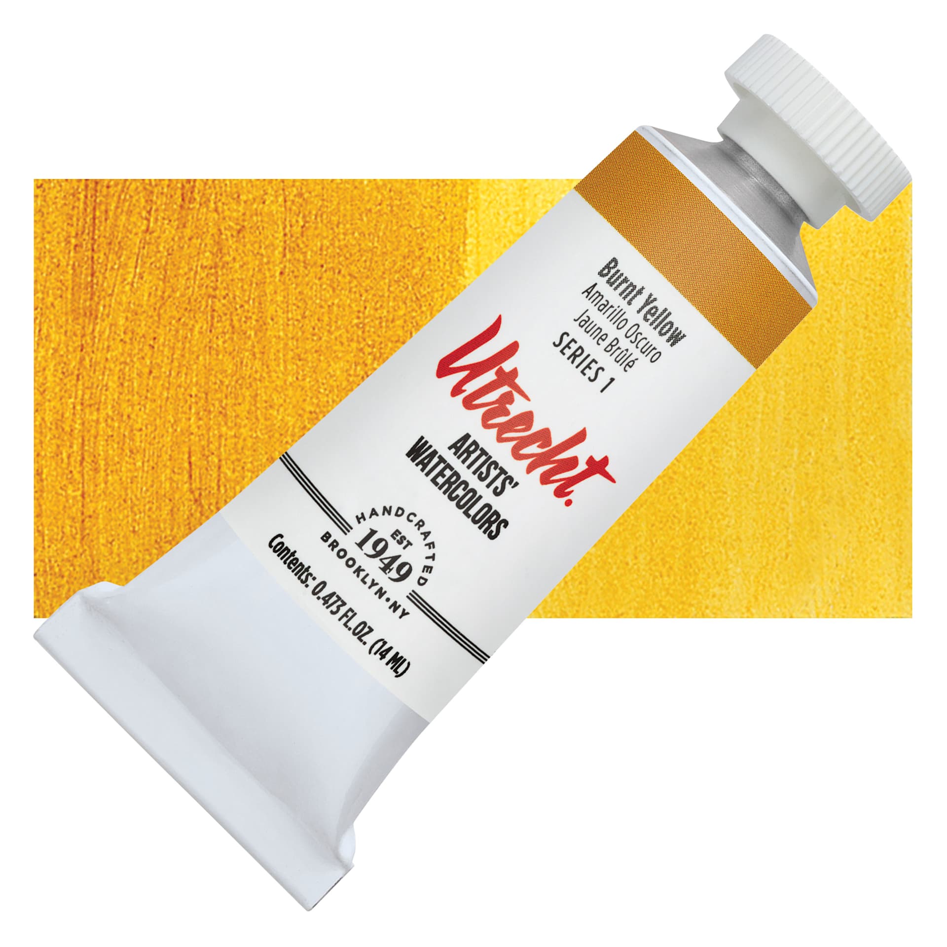 Utrecht Artists' Watercolor Paint - Burnt Yellow, 14 ml tube and swatch