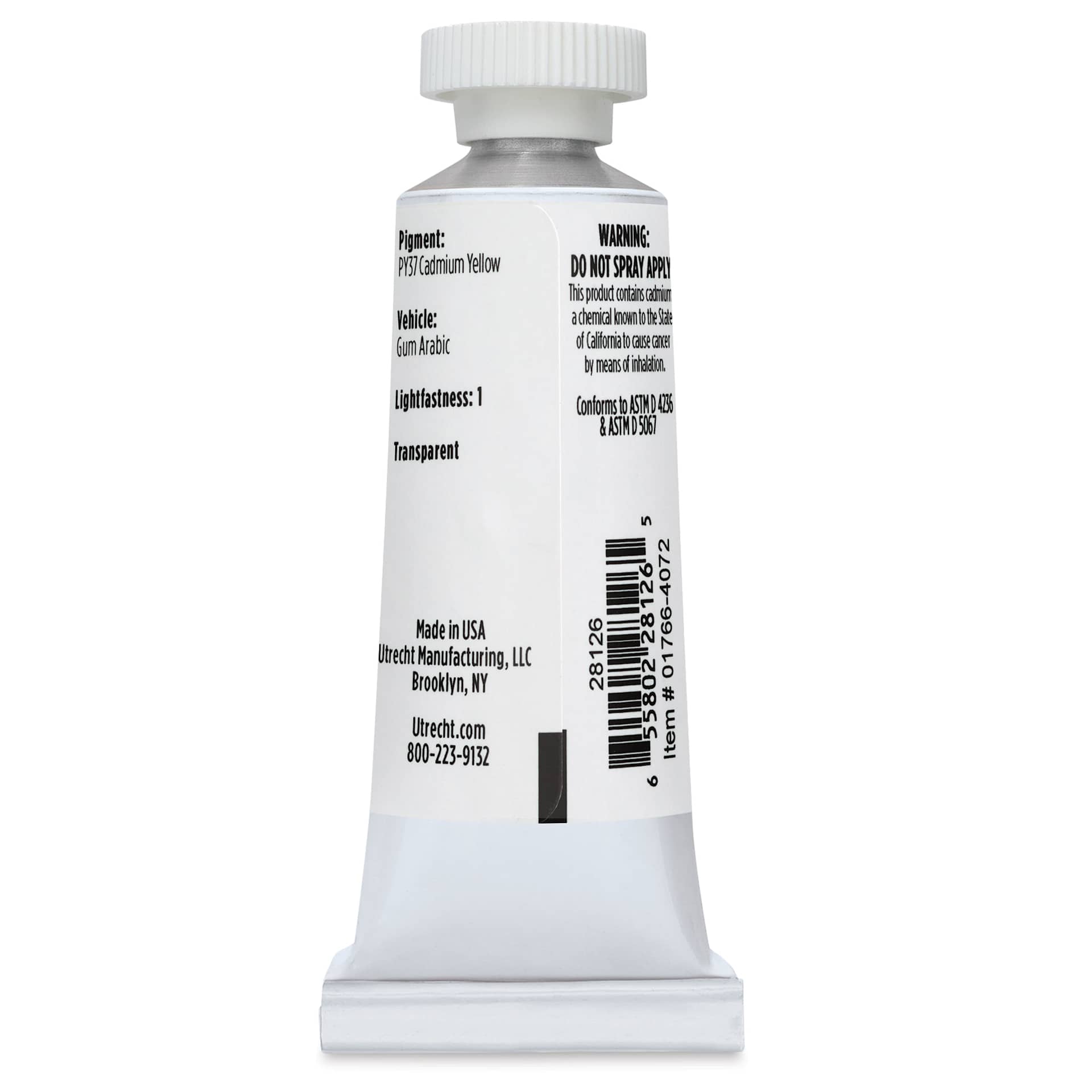 Utrecht Artists' Watercolor Paint - Cadmium Yellow Light, 14 ml, Tube (Back)