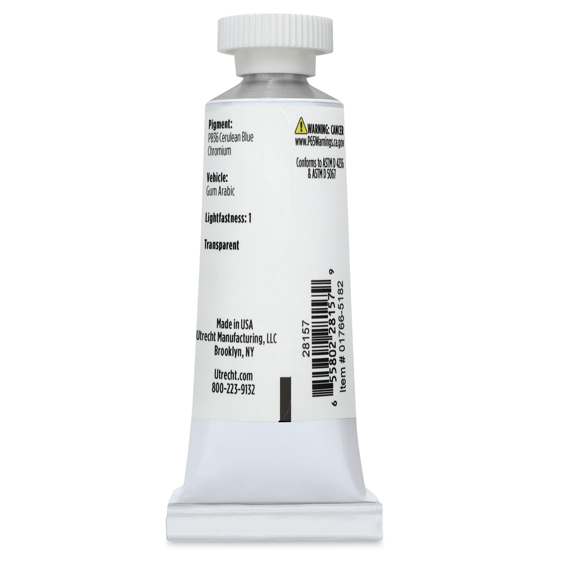 Utrecht Artists' Watercolor Paint - Cerulean Blue Chromium, 14 ml, Tube (Back)
