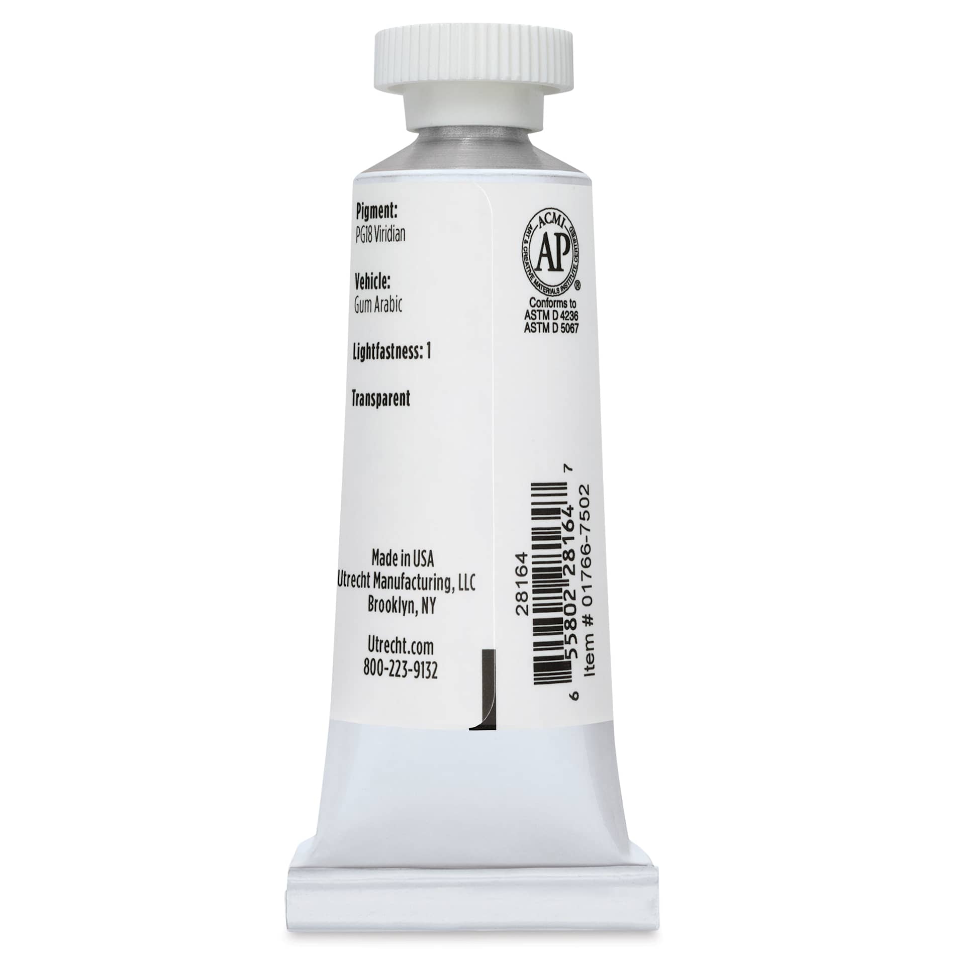 Utrecht Artists' Watercolor Paint - Viridian, 14 ml, Tube (Back)