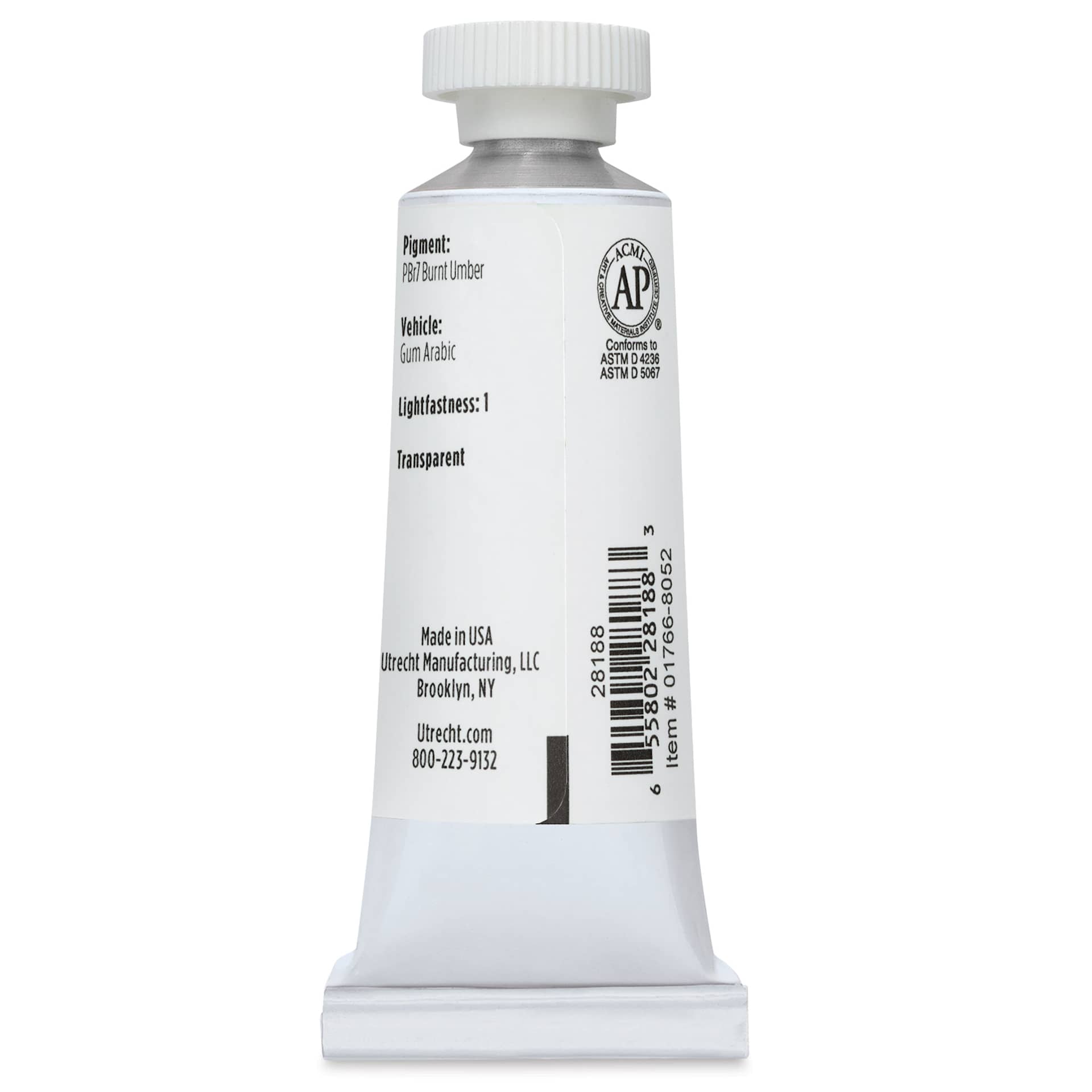 Utrecht Artists' Watercolor Paint - Burnt Umber, 14 ml, Tube (Back)