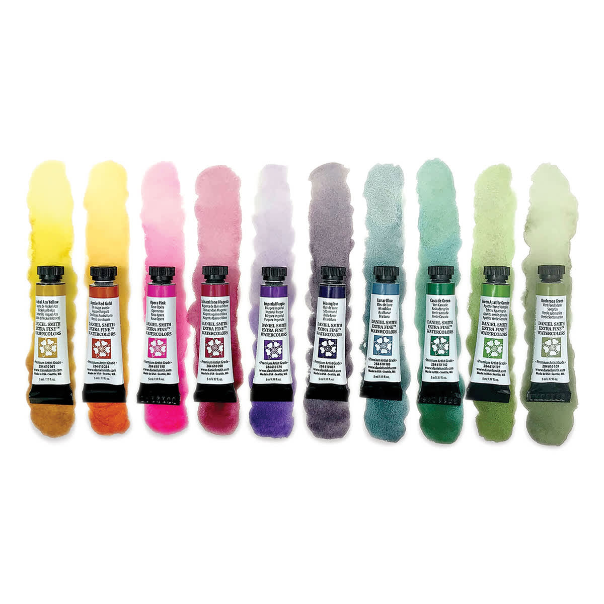 Daniel Smith Extra Fine Watercolors - Jean Haines' Master Set of 10. Tubes with color stroke samples.