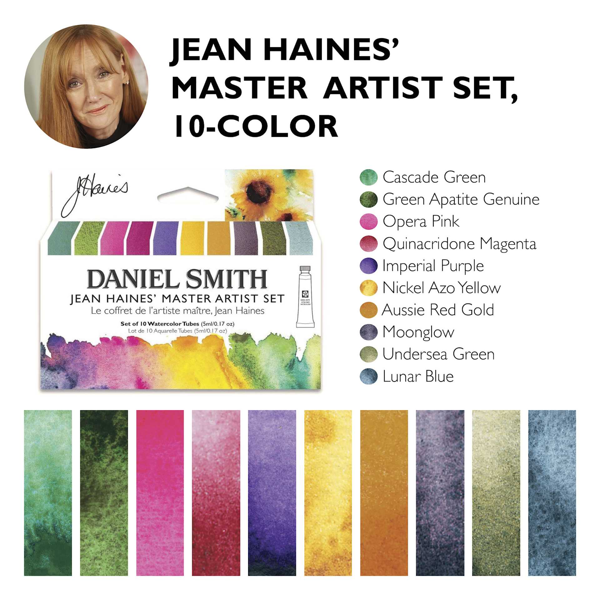 Daniel Smith Extra Fine Watercolor - Set of 10, Jean Haines Master Set, 5 ml Tubes, color chart with packaging