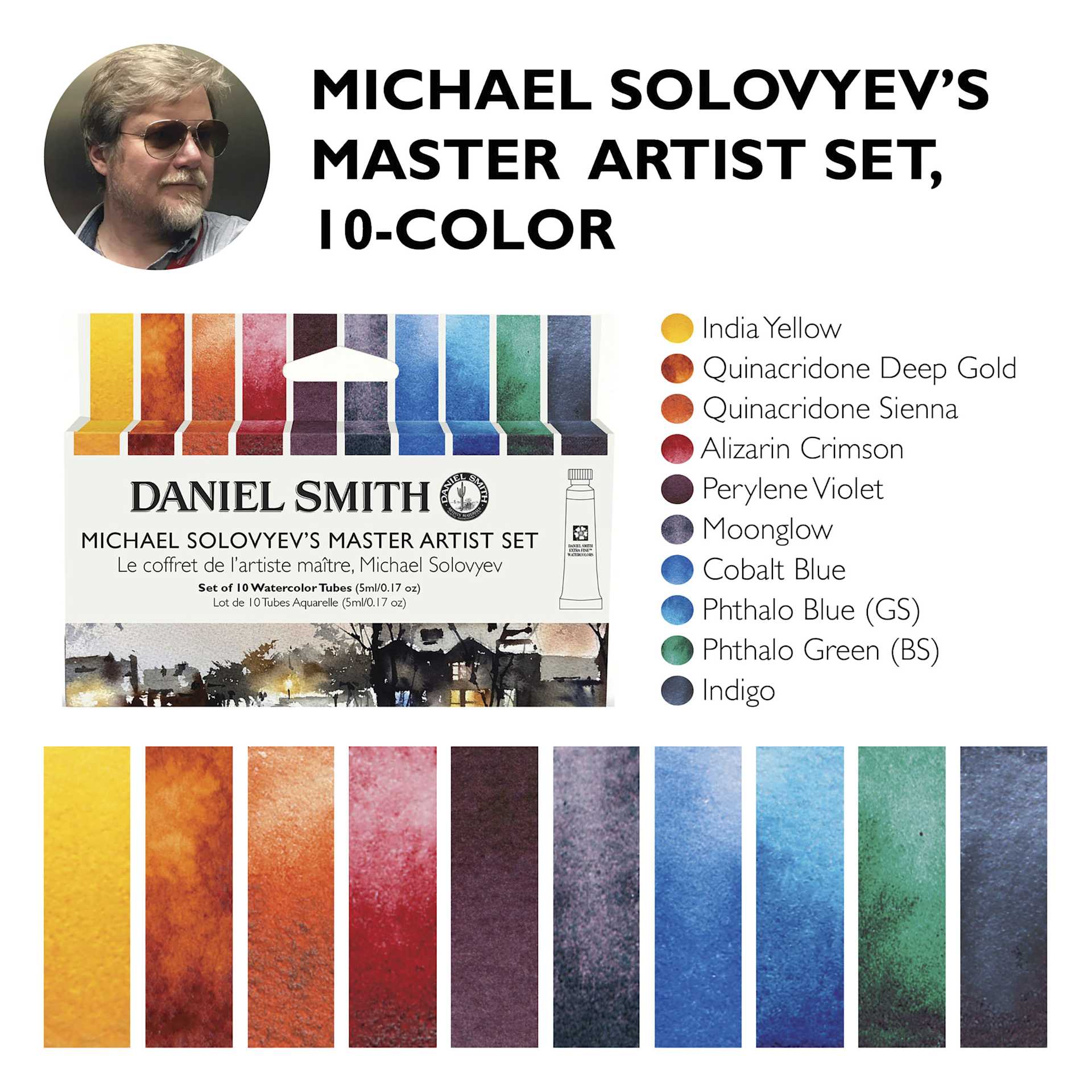 Daniel Smith Extra Fine Watercolor - Set of 10, Michael Solovyev Master Artist, 5 ml Tubes, color chart