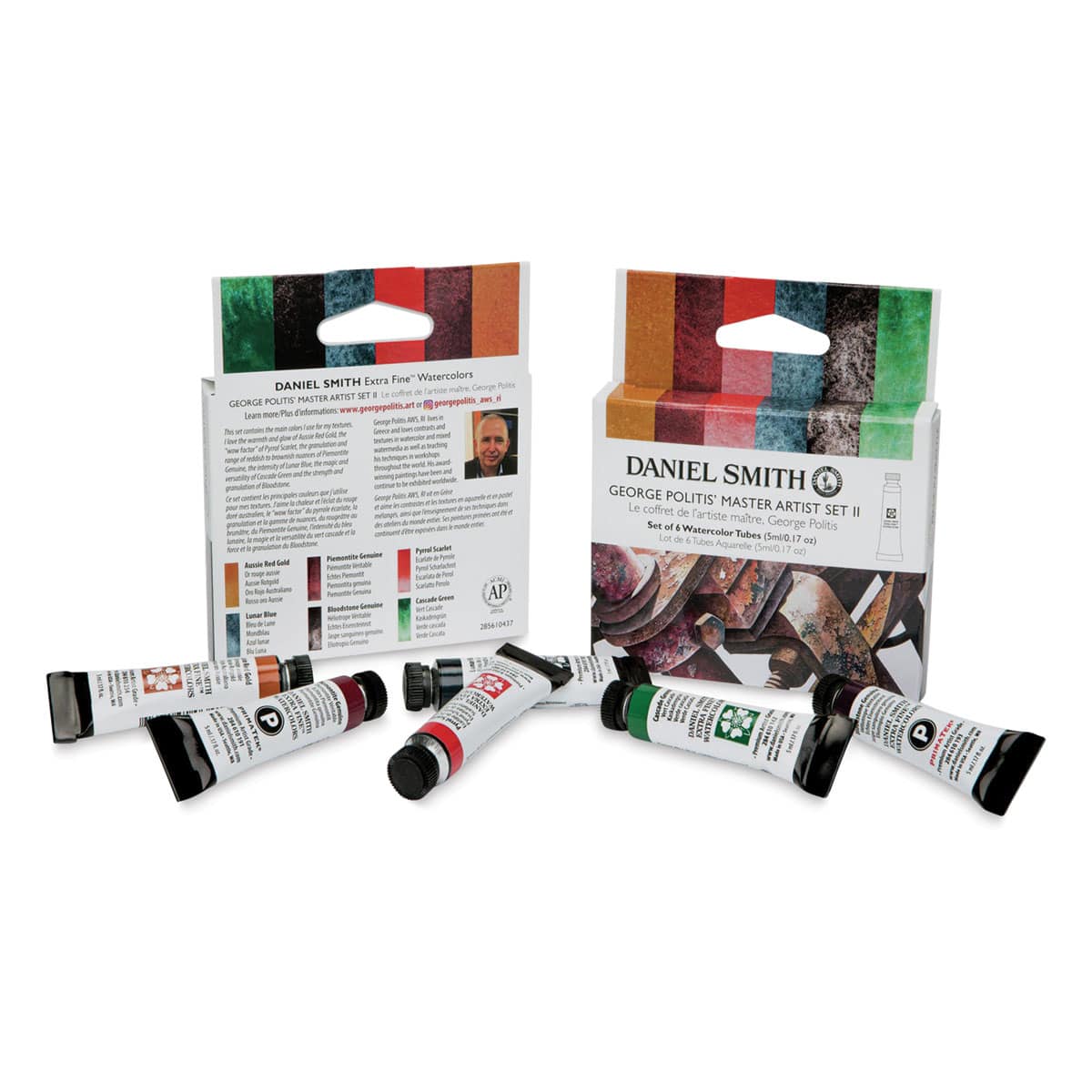 Daniel Smith Extra Fine Watercolor - George Politis Master Artist II, Set of 6, 5 ml, Tubes (Tubes shown with front and back of packaging)