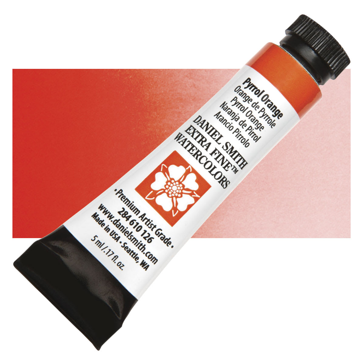Daniel Smith Extra Fine Watercolor - Pyrrol Orange, 5 ml Tube and swatch