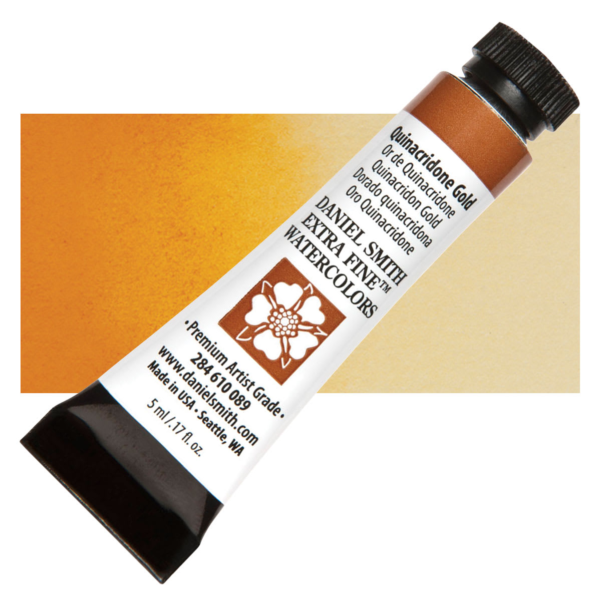 Daniel Smith Extra Fine Watercolor - Quinacridone Gold, 5 ml Tube and swatch