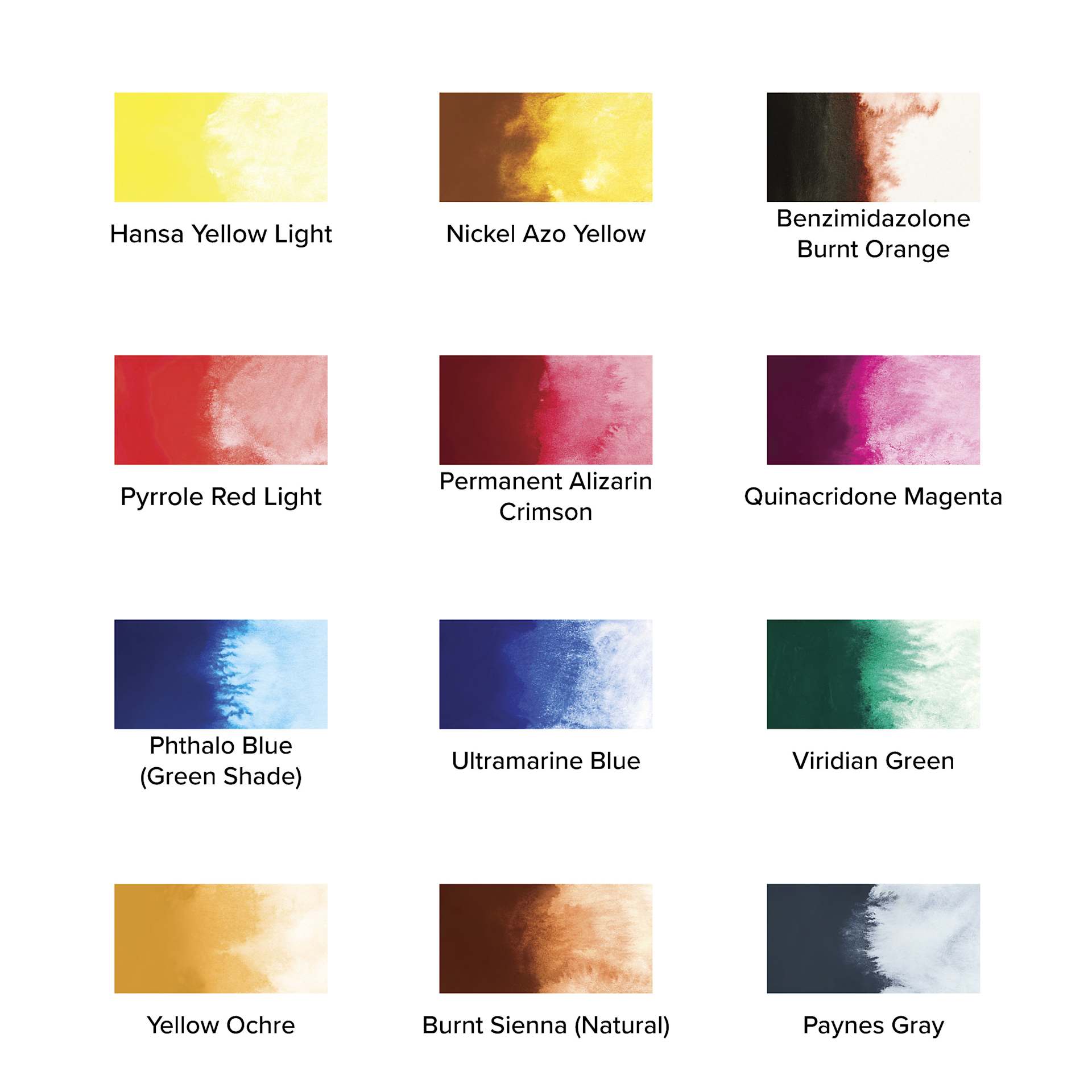 QoR Modern Watercolors - Set of 12, Introductory Colors, 5 ml Tubes, swatches