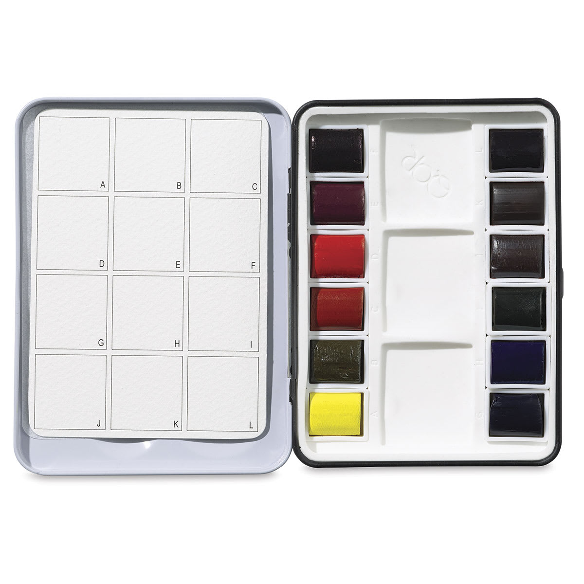 QoR Modern Watercolors - Half Pan Set of 12. Mini Tin lid open with two rows of pans and palette. QoR Modern Watercolors - Half Pan Set of 12. Mini Tin lid open with two rows of pans and palette.