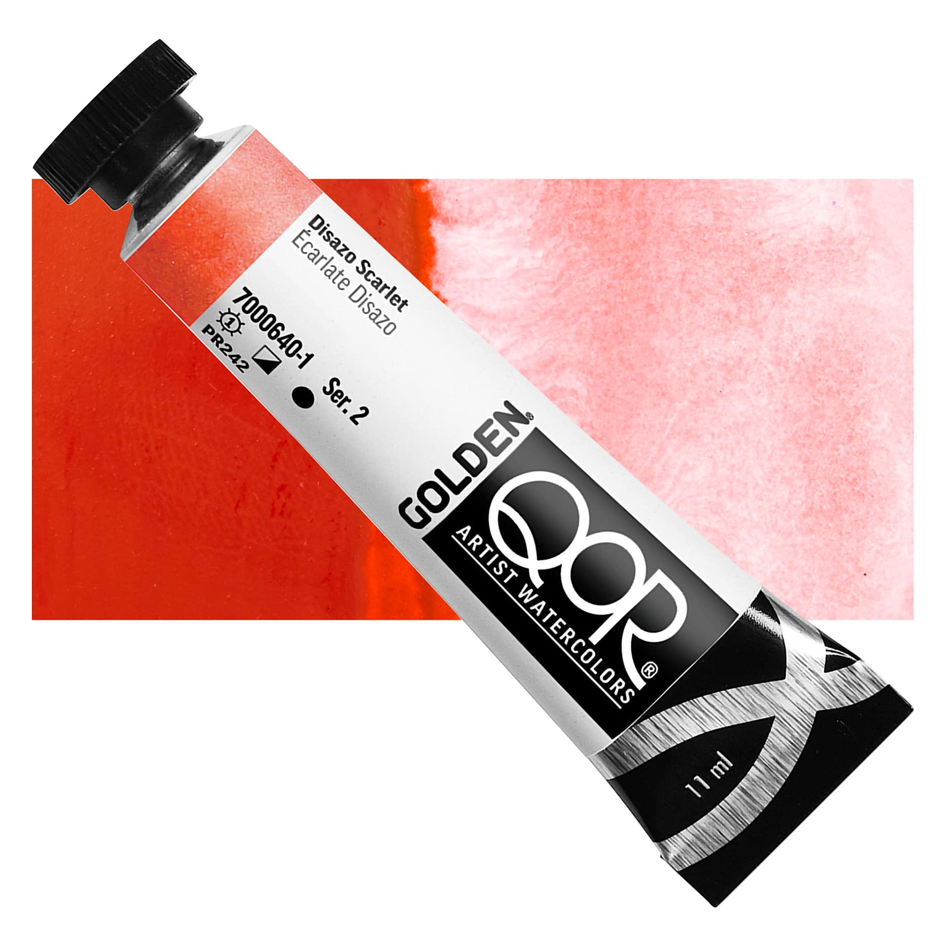 QoR Modern Watercolor - Disazo Scarlet, 11 ml tube and swatch