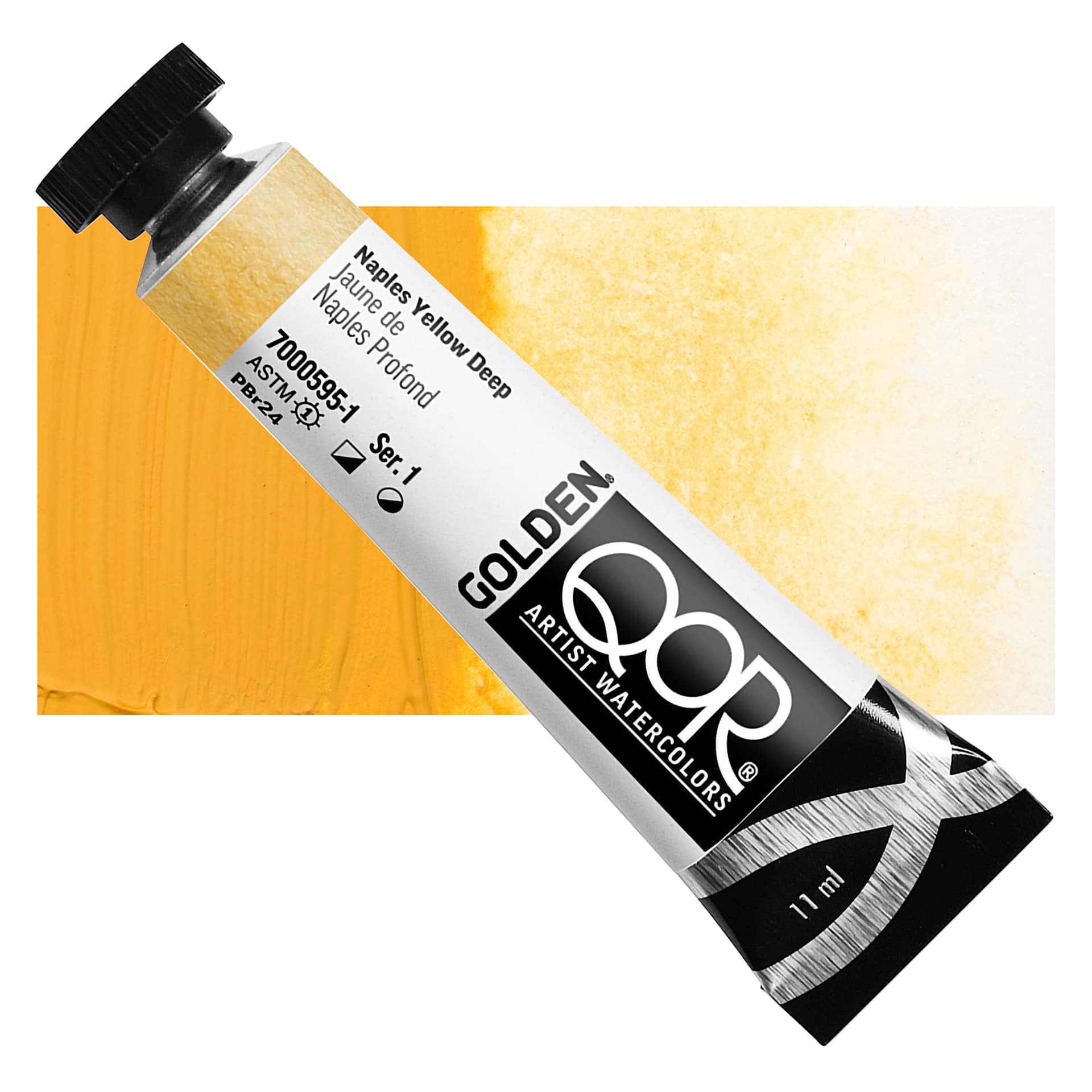 QoR Modern Watercolor - Naples Yellow Deep, 11 ml tube and swatch