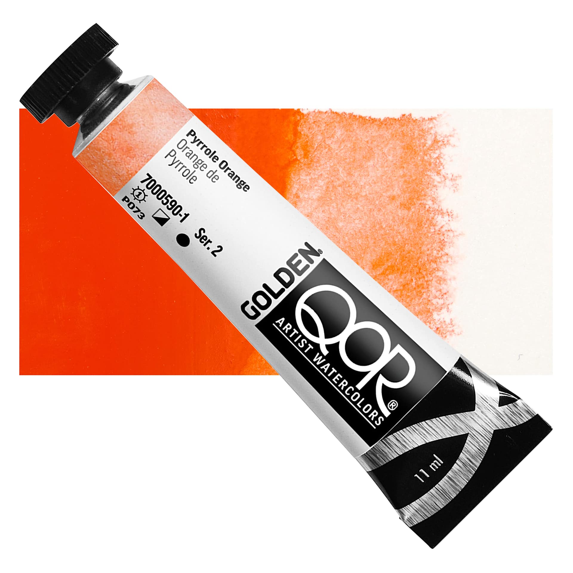 QoR Modern Watercolor - Pyrrole Orange, 11 ml tube and swatch