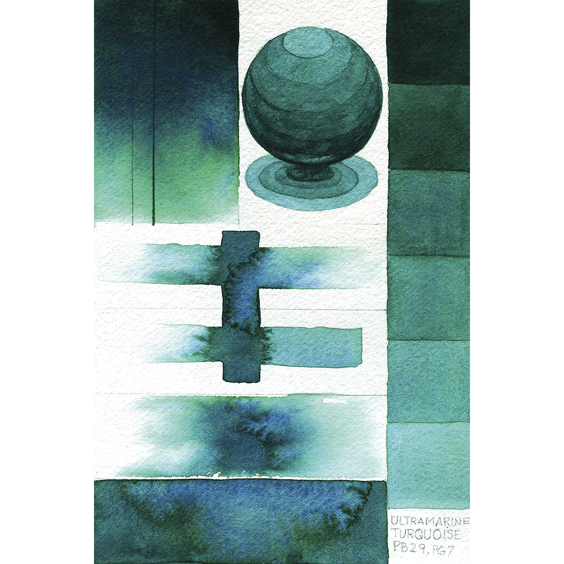 Sample card of QoR Modern Watercolors Ultramarine Turquoise to show different applications.