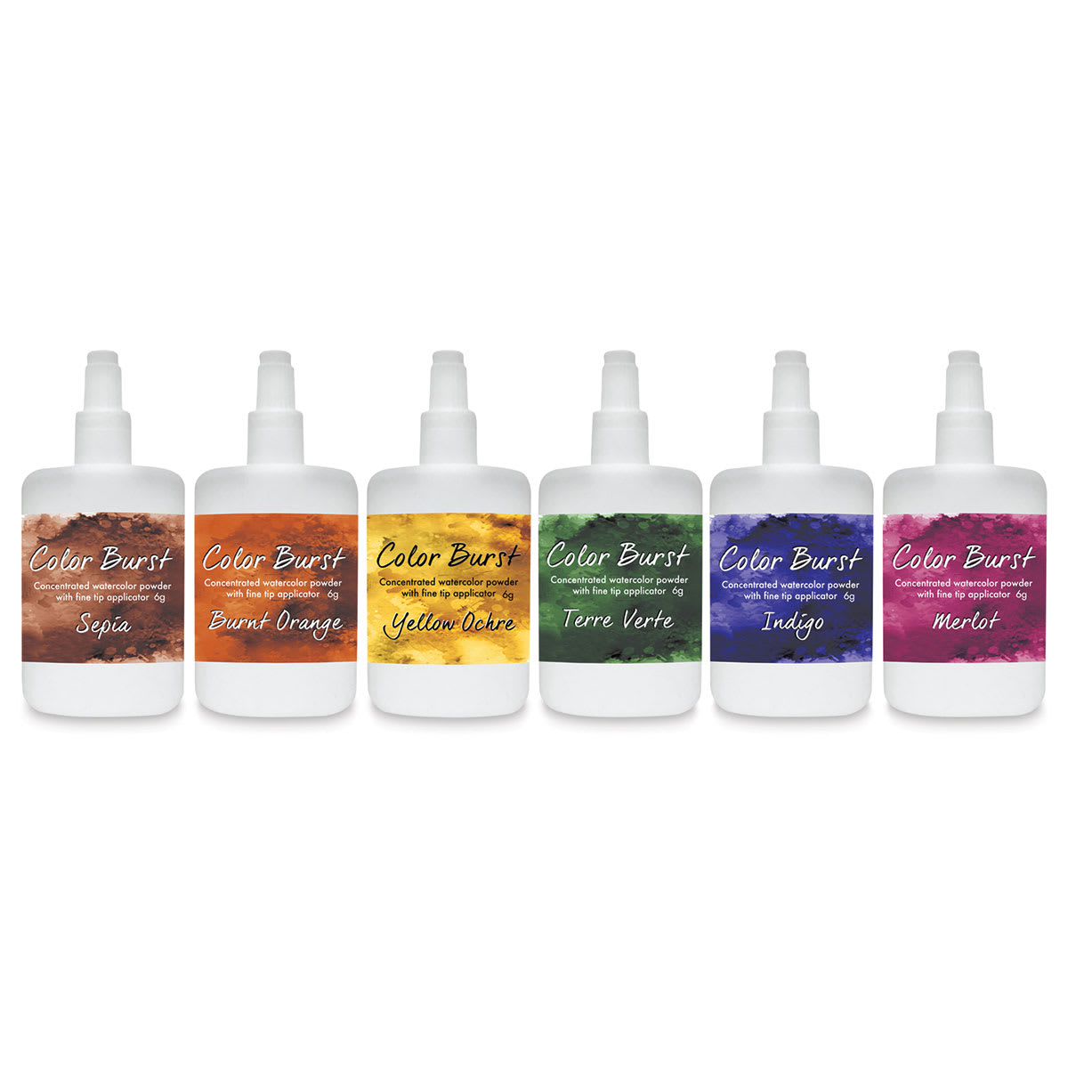 Color Burst Watercolor Powders - Set of 6 Earth Tone Powder Bottles in row