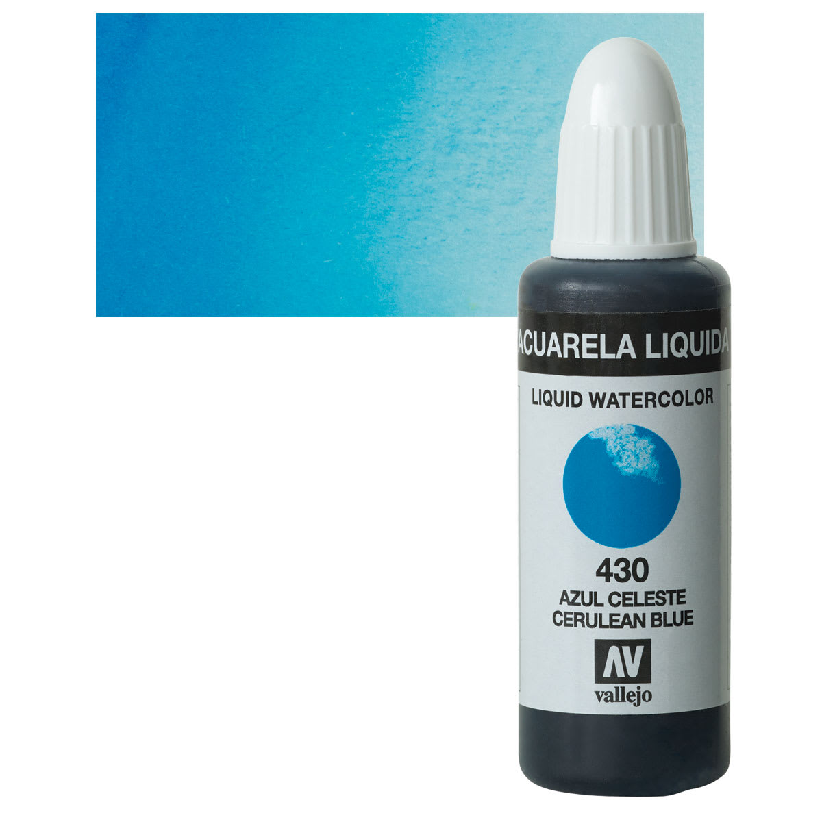 Vallejo Liquid Watercolor - Cerulean Blue, 32 ml and swatch