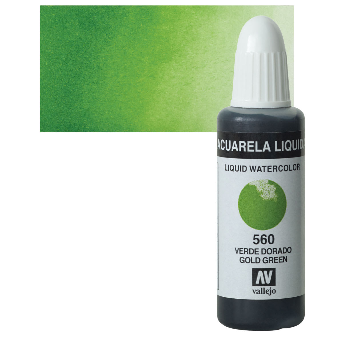 Vallejo Liquid Watercolor - Gold Green, 32 ml and swatch