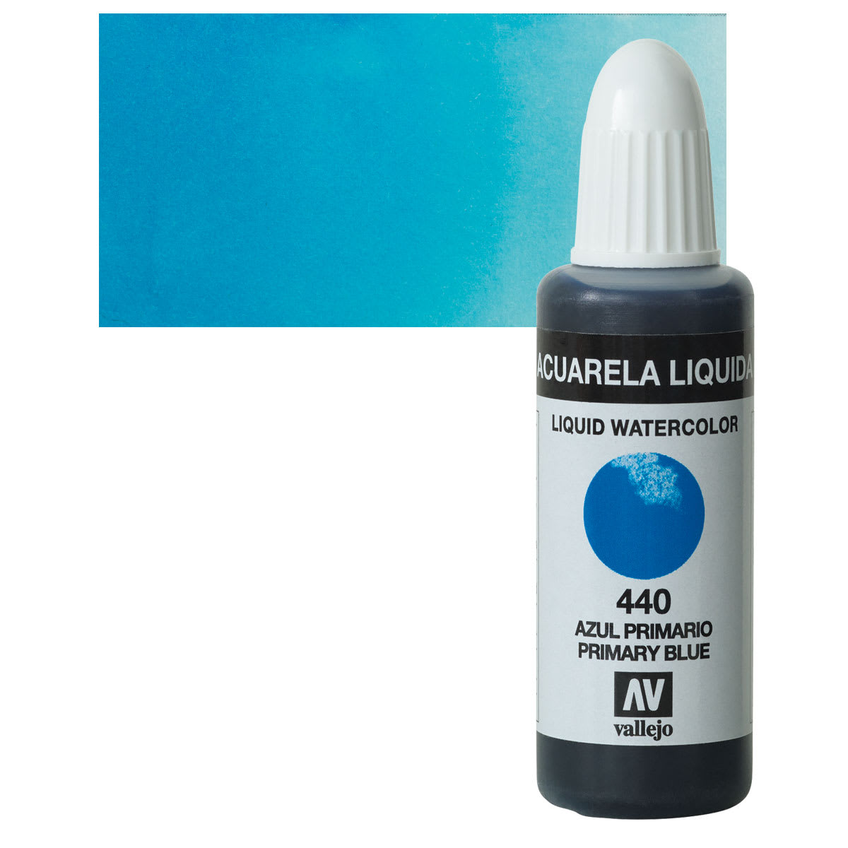 Vallejo Liquid Watercolor - Primary Blue, 32 ml and swatch