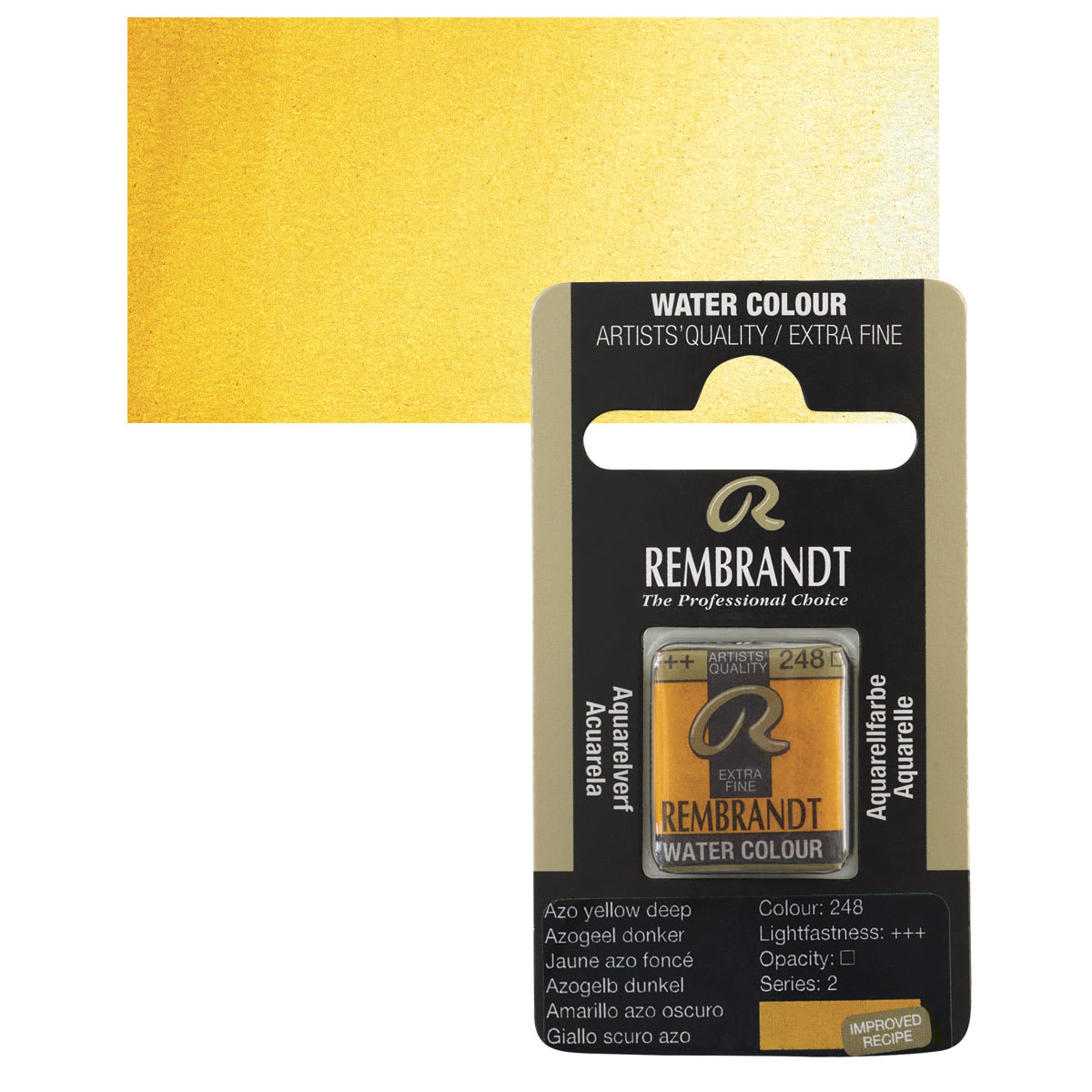 Rembrandt Watercolor Half Pan - Azo Yellow Deep pan and swatch