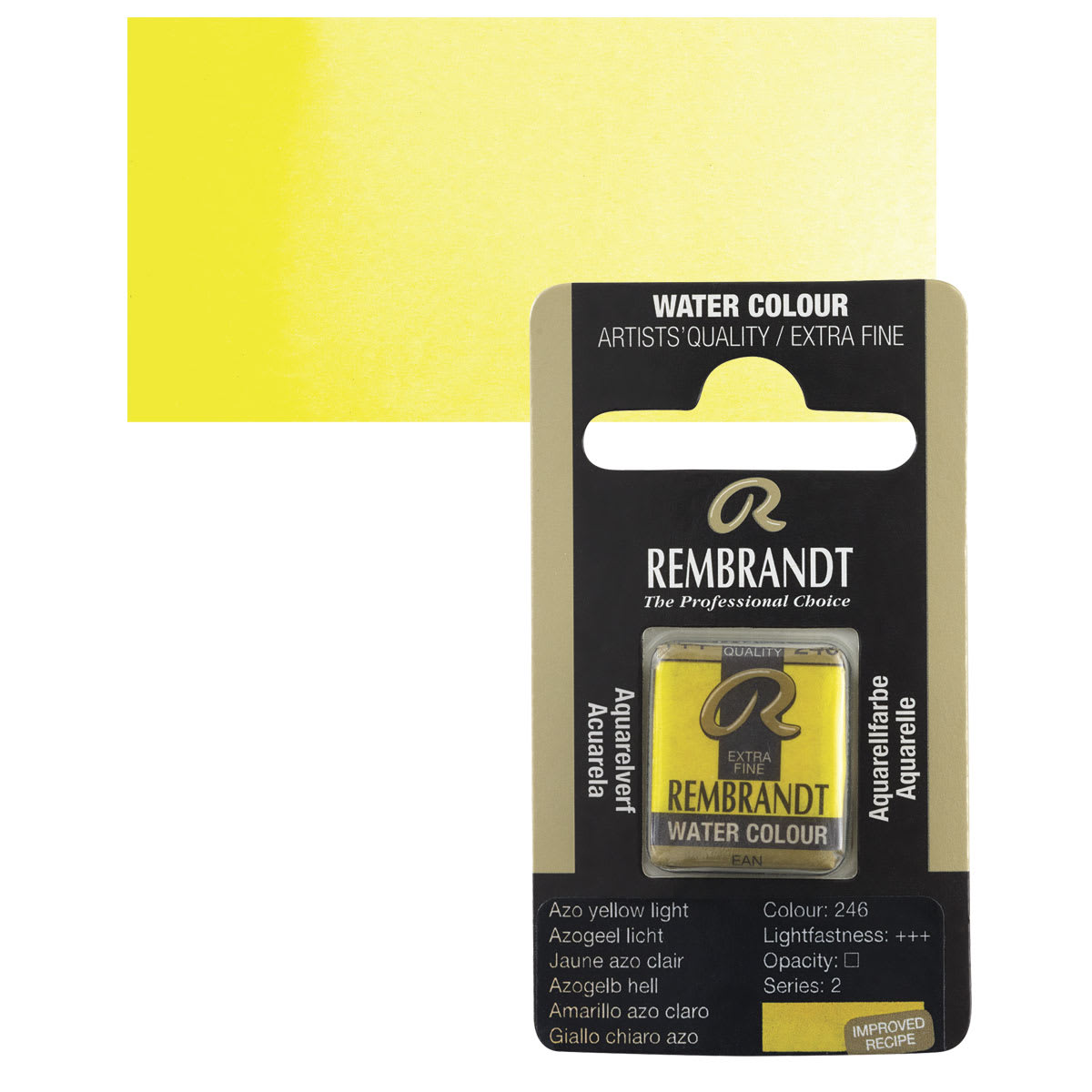 Rembrandt Watercolor Half Pan - Azo Yellow Light pan and swatch