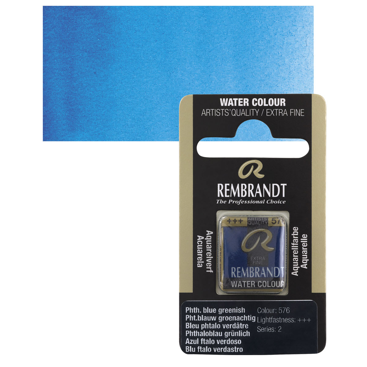Rembrandt Watercolor Half Pan - Phthalo Blue Greenish pan and swatch