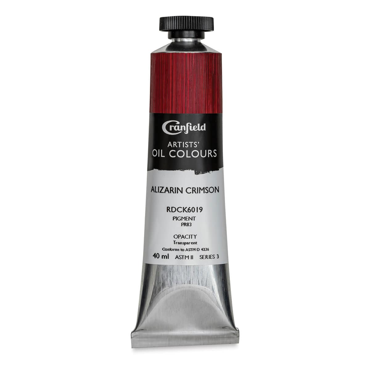 Cranfield Artists' Oils - front of 40 ml tube, Alizarin Crimson 