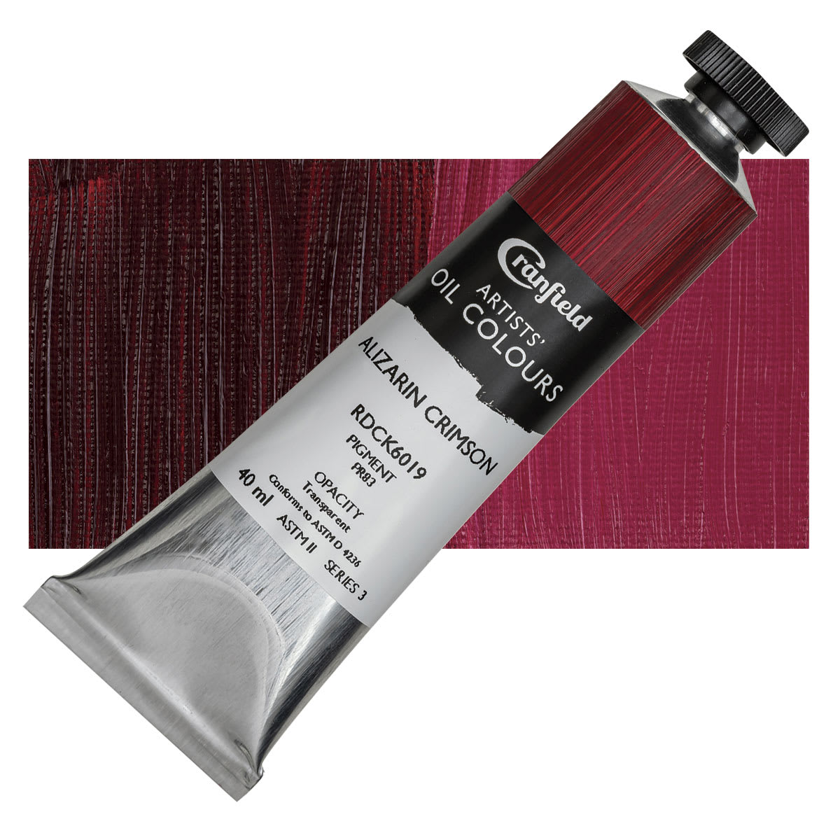 Cranfield Artists' Oil Paint - Alizarin Crimson, 40 ml, Tube and swatch