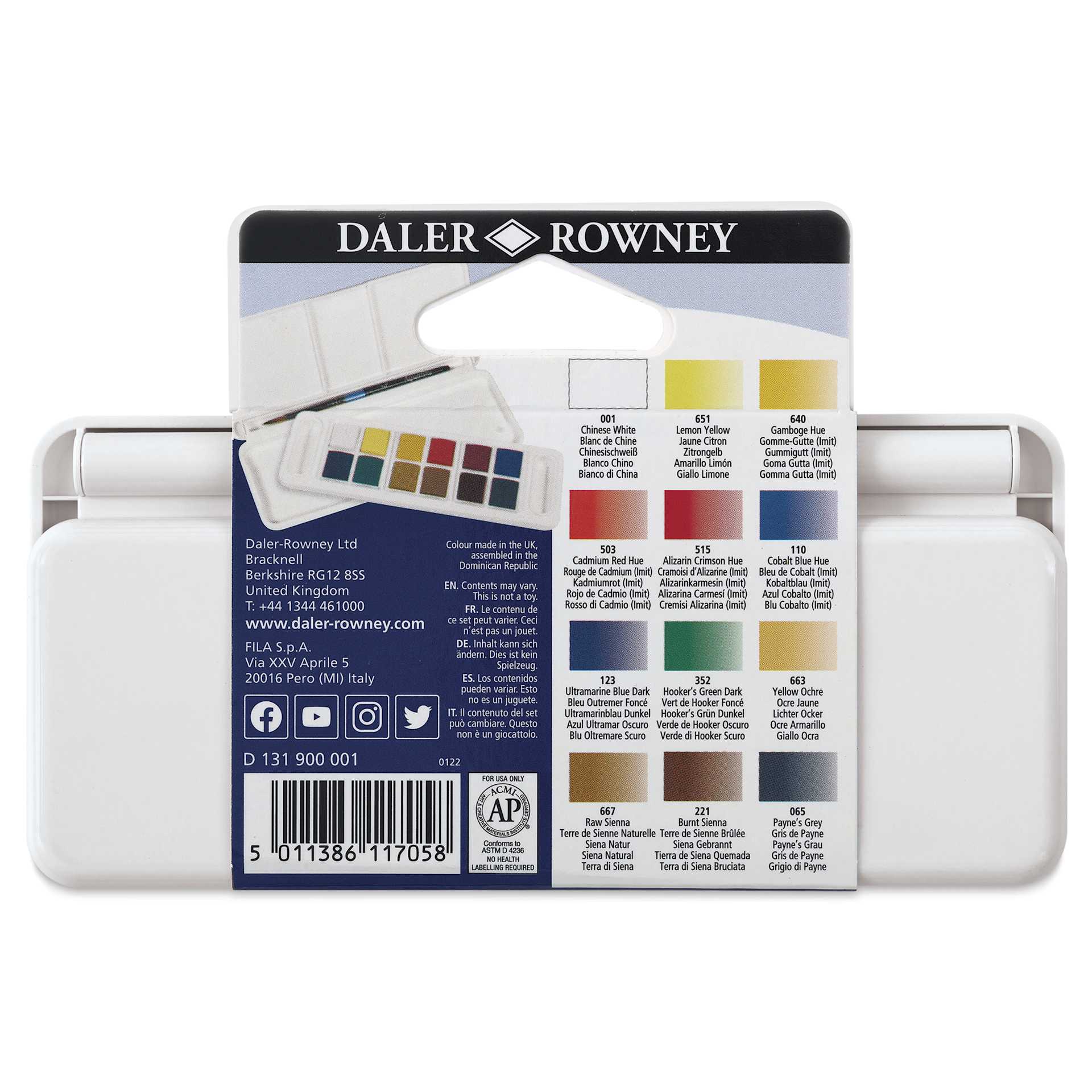 Daler-Rowney Aquafine Watercolors - Set of 12 Travel, Assorted Colors, Half Pan back of package